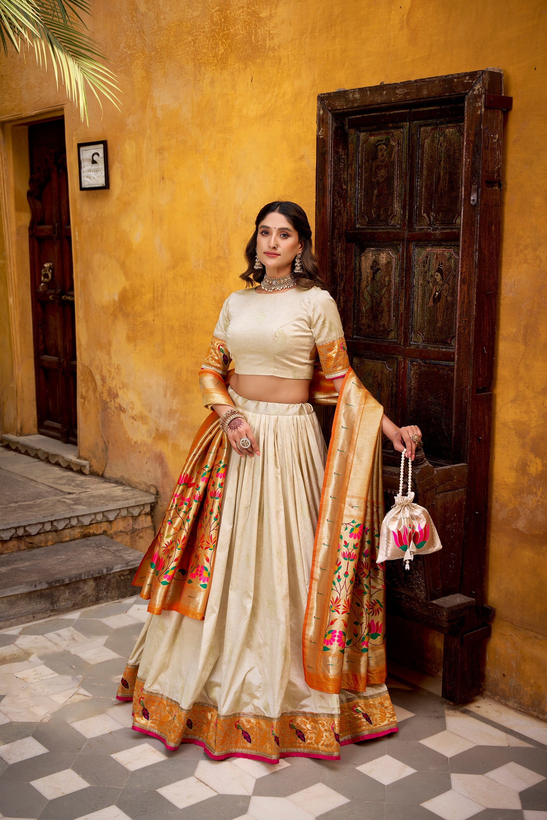 Lorenvalley Fashion Off White Silk Paithani Zari Weaving Work With Lace Border Lehenga Choli with Dupatta