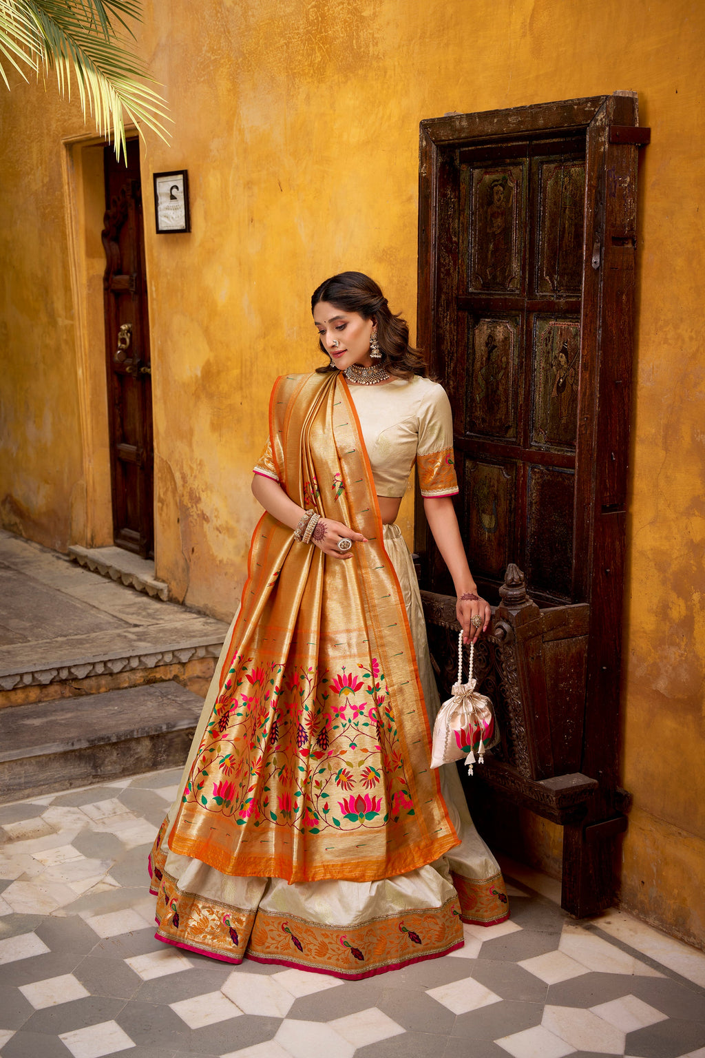 Lorenvalley Fashion Off White Silk Paithani Zari Weaving Work With Lace Border Lehenga Choli with Dupatta