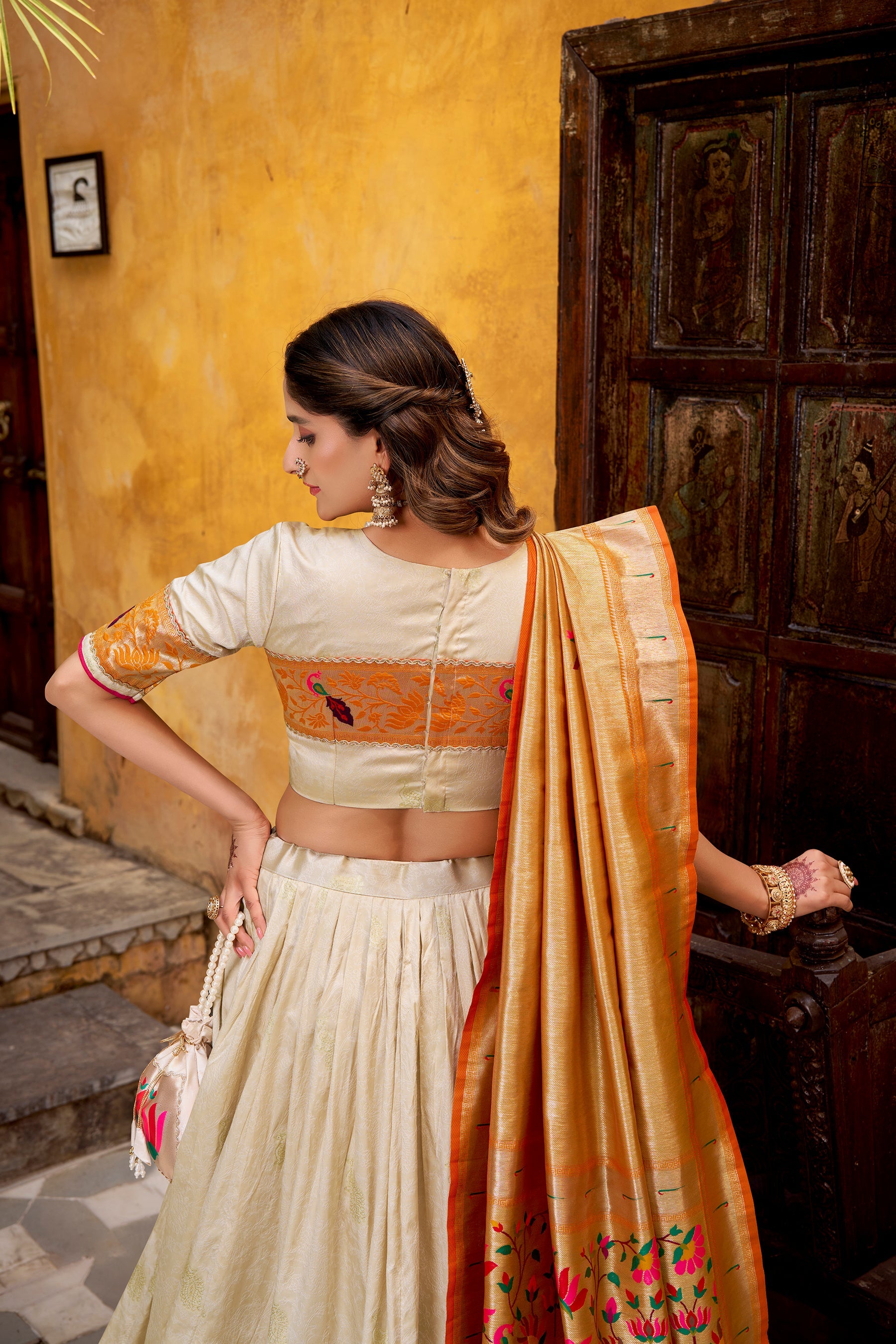 Lorenvalley Fashion Off White Silk Paithani Zari Weaving Work With Lace Border Lehenga Choli with Dupatta
