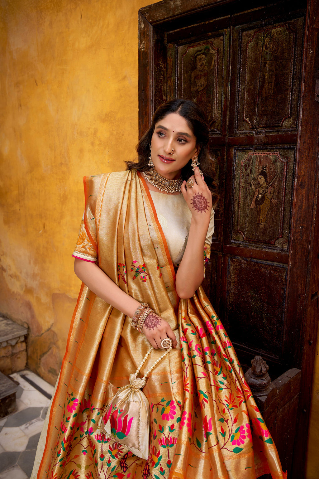 Lorenvalley Fashion Off White Silk Paithani Zari Weaving Work With Lace Border Lehenga Choli with Dupatta