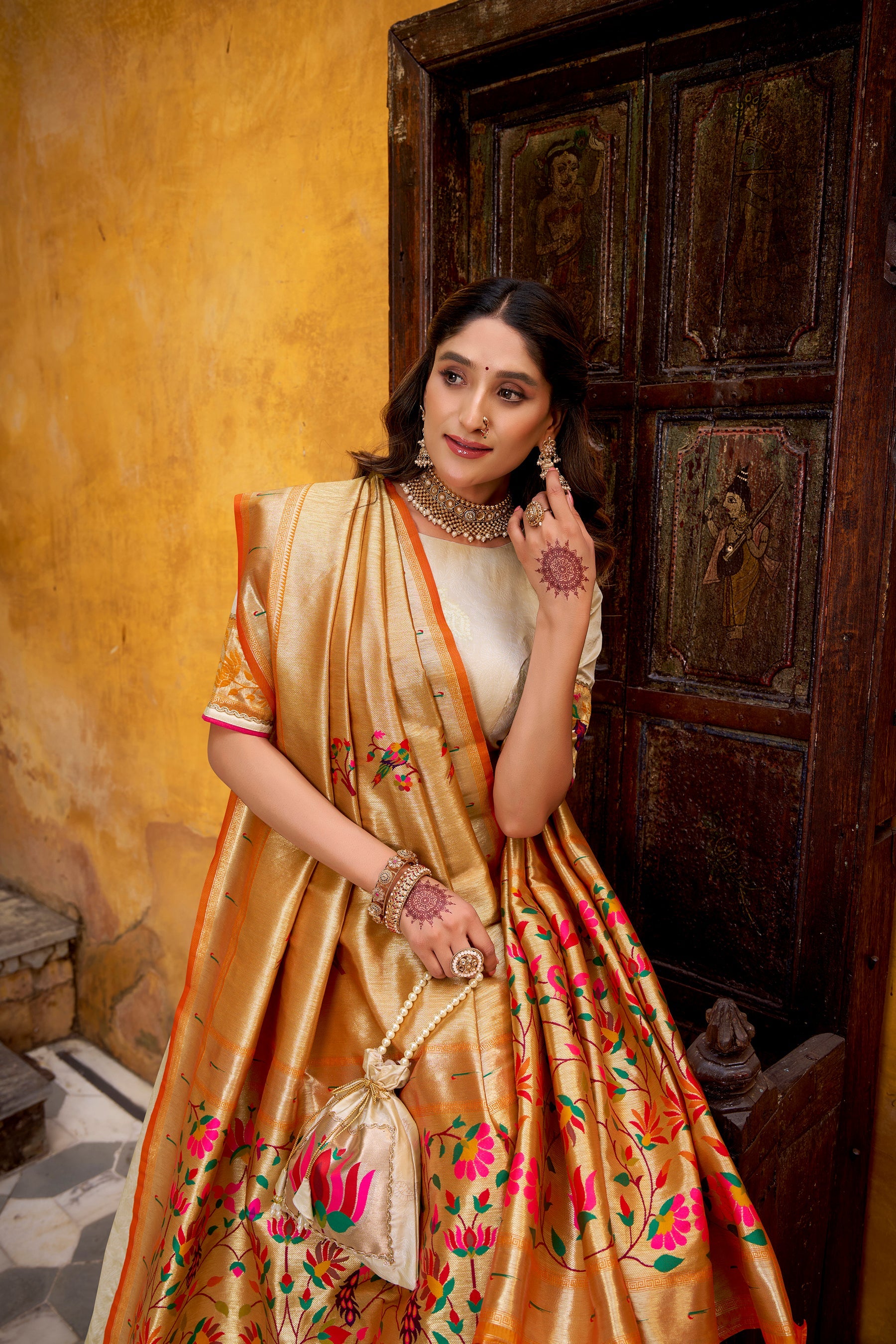 Lorenvalley Fashion Off White Silk Paithani Zari Weaving Work With Lace Border Lehenga Choli with Dupatta