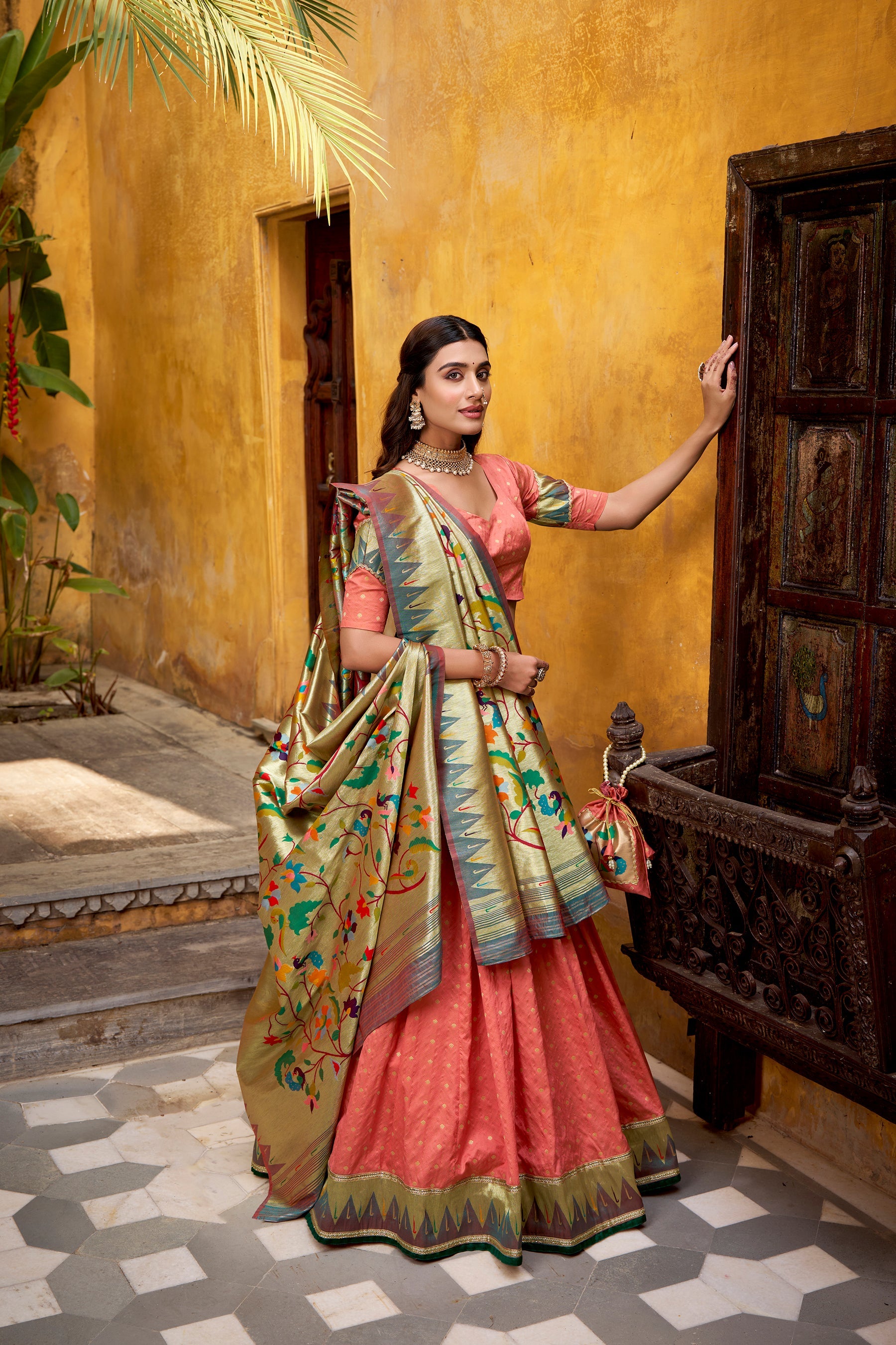 Lorenvalley Fashion Peach Silk Paithani Zari Weaving Work With Lace Border Lehenga Choli with Dupatta