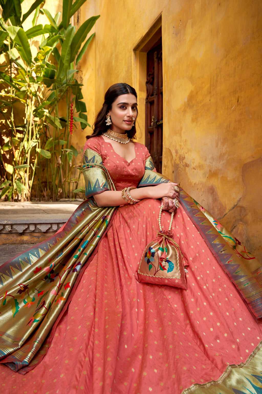 Lorenvalley Fashion Peach Silk Paithani Zari Weaving Work With Lace Border Lehenga Choli with Dupatta