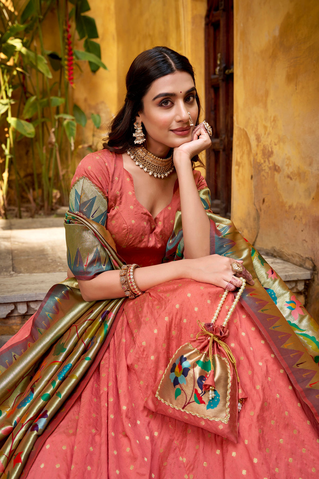 Lorenvalley Fashion Peach Silk Paithani Zari Weaving Work With Lace Border Lehenga Choli with Dupatta