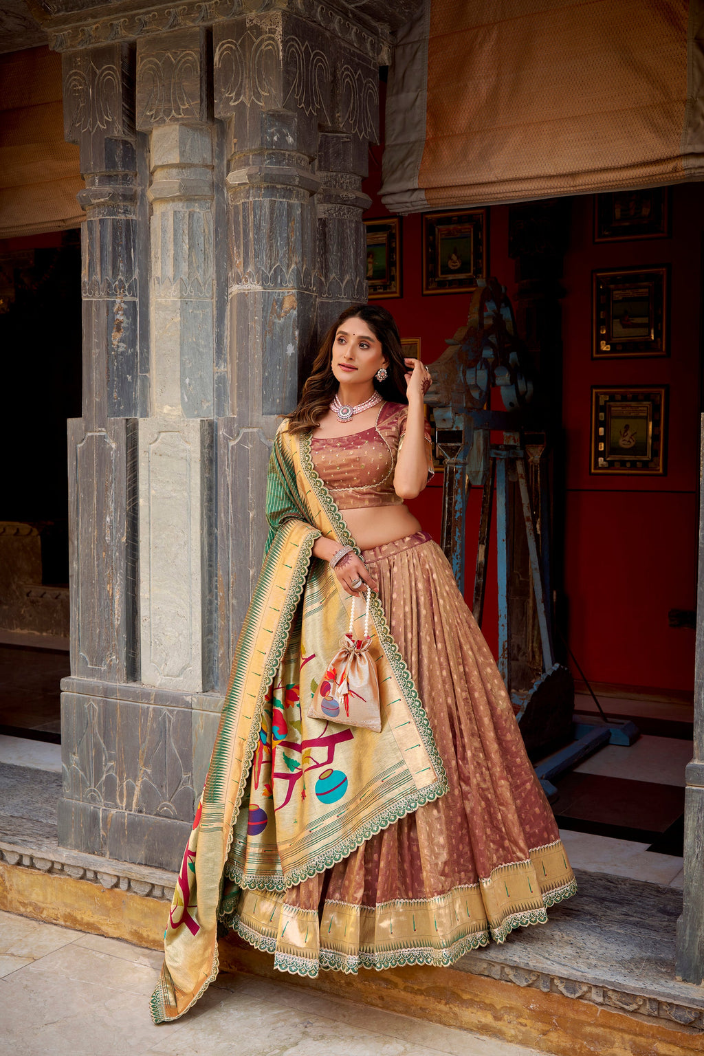 Lorenvalley Fashion Brown Simmer Organza Zari Weaving Work With Lace Border Lehenga Choli with Dupatta