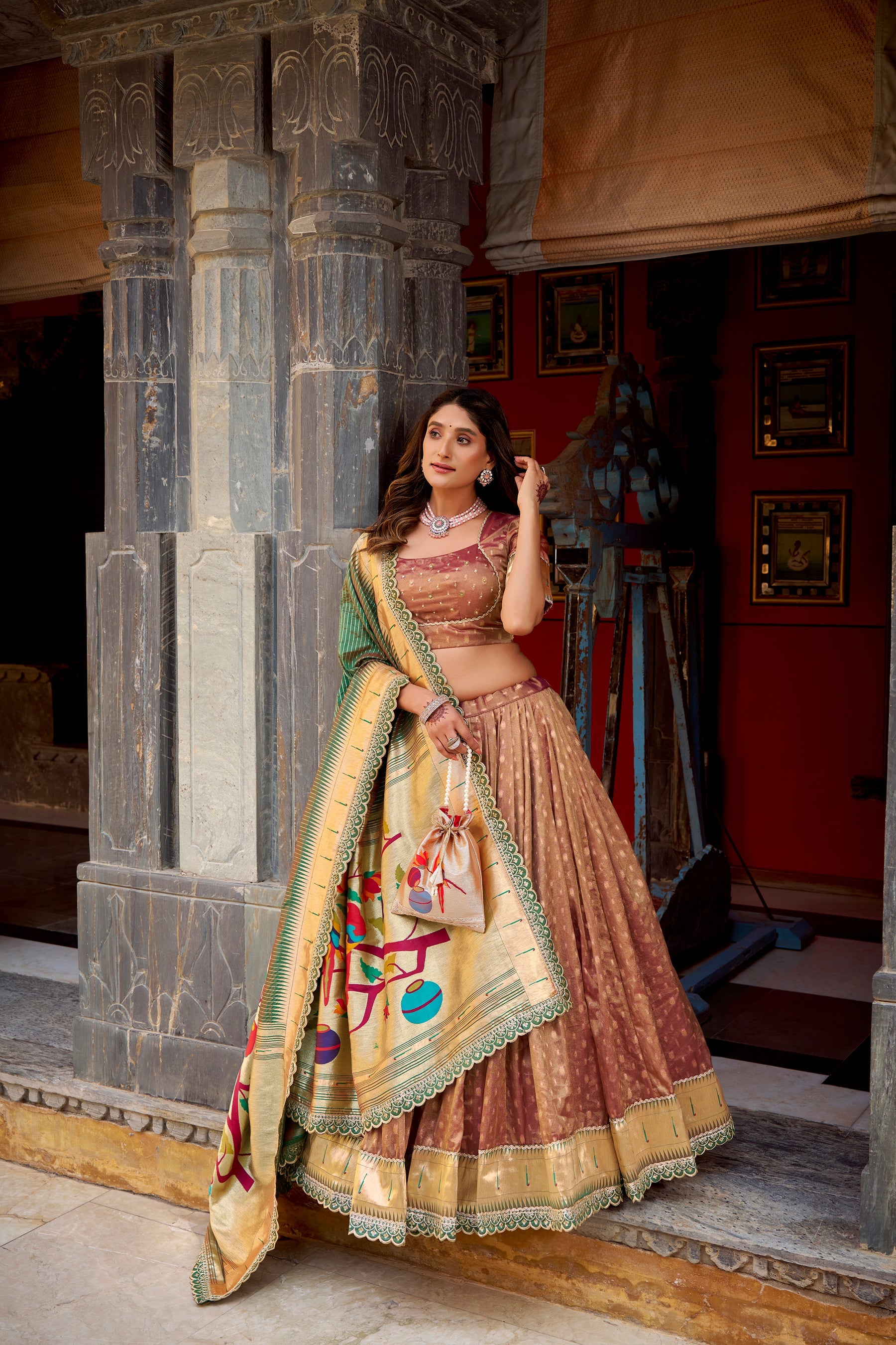 Lorenvalley Fashion Brown Simmer Organza Zari Weaving Work With Lace Border Lehenga Choli with Dupatta