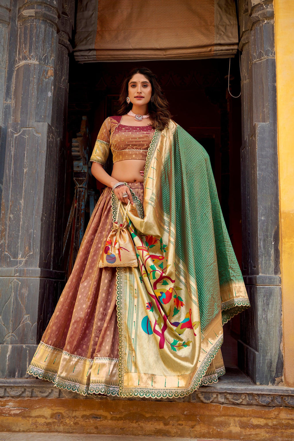 Lorenvalley Fashion Brown Simmer Organza Zari Weaving Work With Lace Border Lehenga Choli with Dupatta