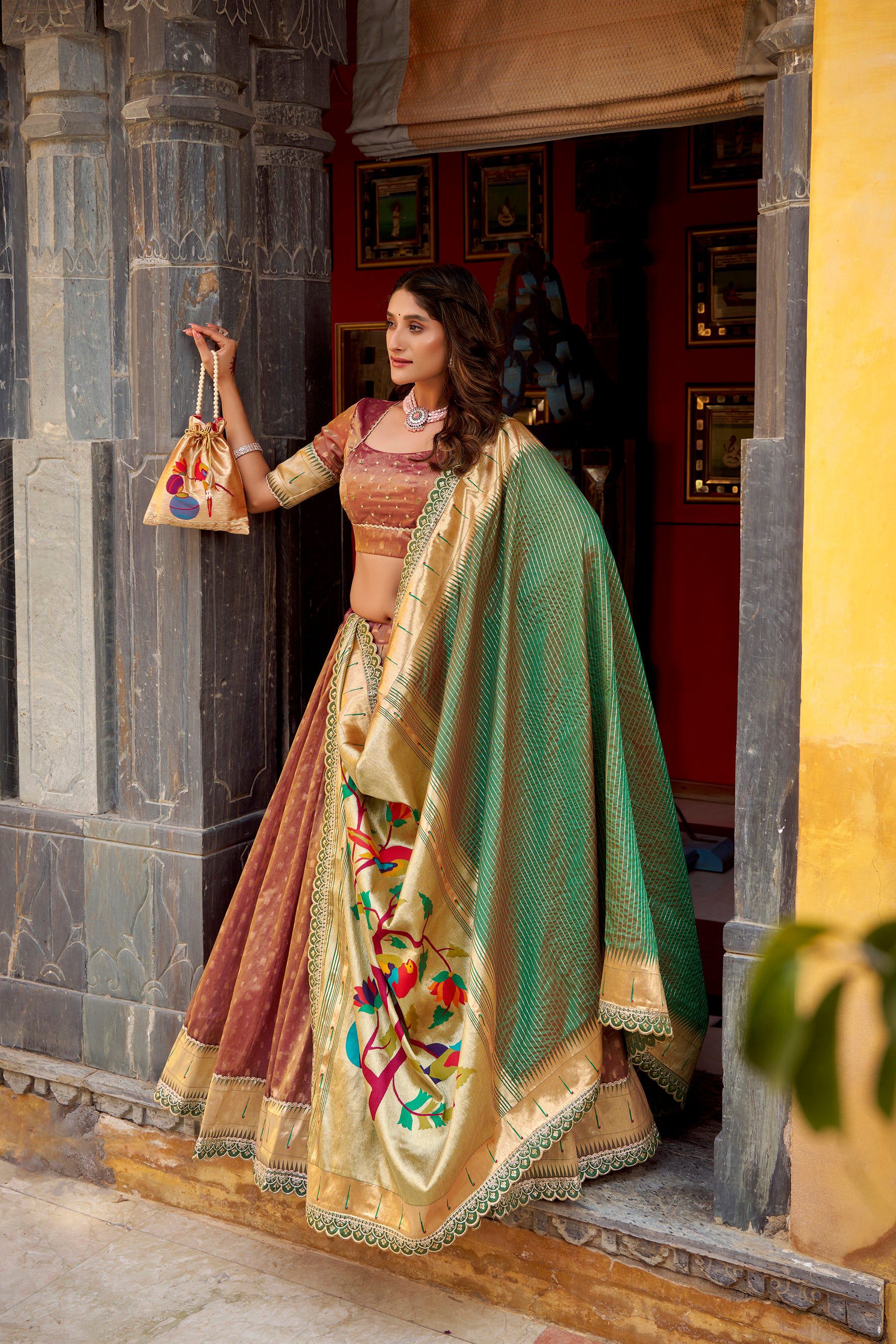Lorenvalley Fashion Brown Simmer Organza Zari Weaving Work With Lace Border Lehenga Choli with Dupatta