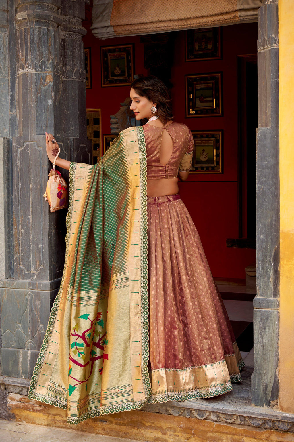 Lorenvalley Fashion Brown Simmer Organza Zari Weaving Work With Lace Border Lehenga Choli with Dupatta