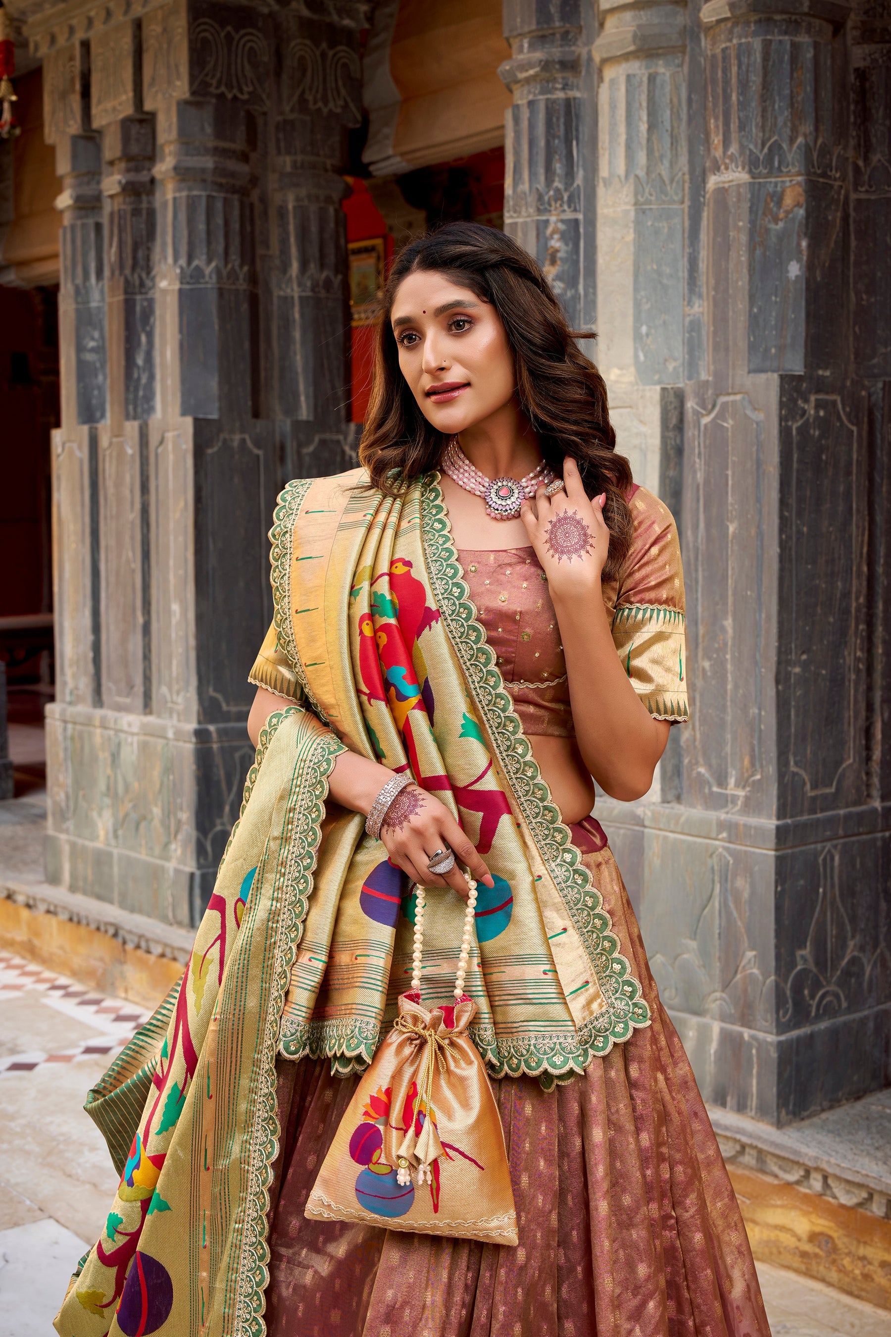 Lorenvalley Fashion Brown Simmer Organza Zari Weaving Work With Lace Border Lehenga Choli with Dupatta