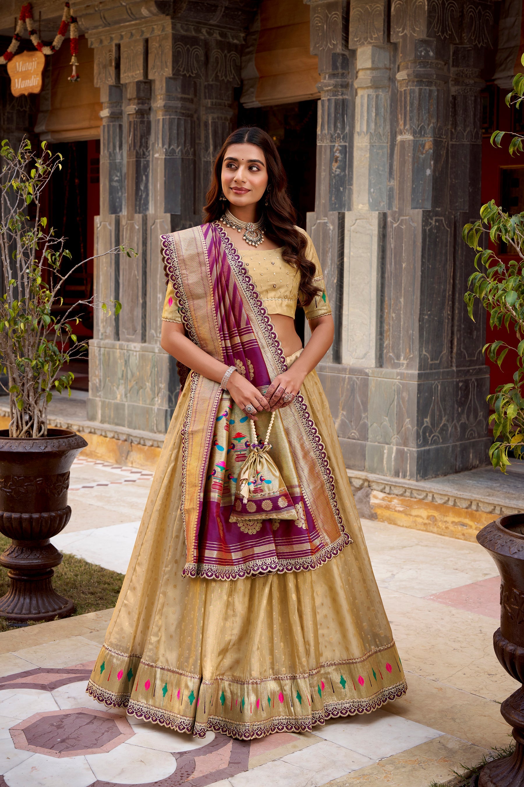 Lorenvalley Fashion Cream Simmer Organza Zari Weaving Work With Lace Border Lehenga Choli with Dupatta