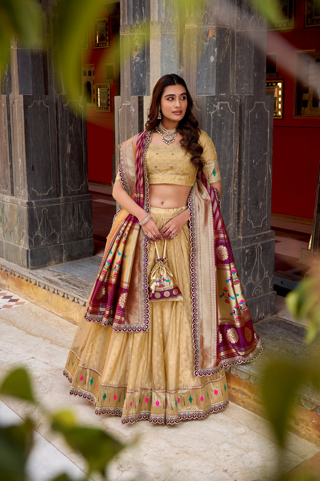 Lorenvalley Fashion Cream Simmer Organza Zari Weaving Work With Lace Border Lehenga Choli with Dupatta