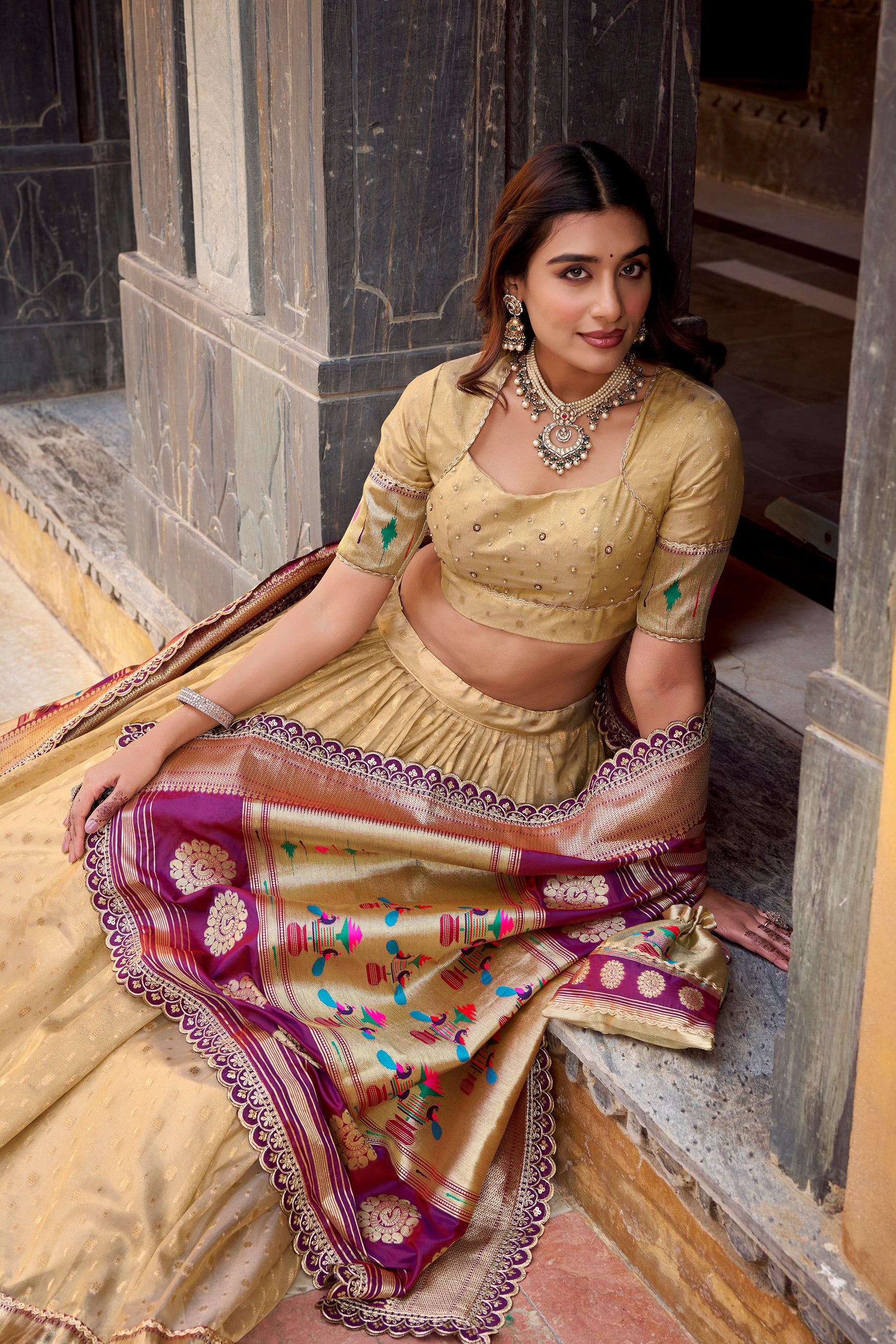 Lorenvalley Fashion Cream Simmer Organza Zari Weaving Work With Lace Border Lehenga Choli with Dupatta