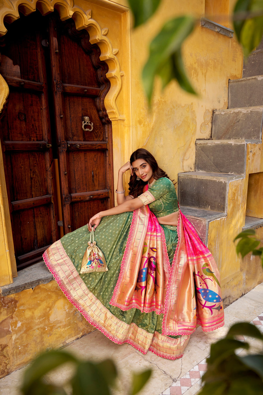 Lorenvalley Fashion Green Simmer Organza Zari Weaving Work With Lace Border Lehenga Choli with Dupatta