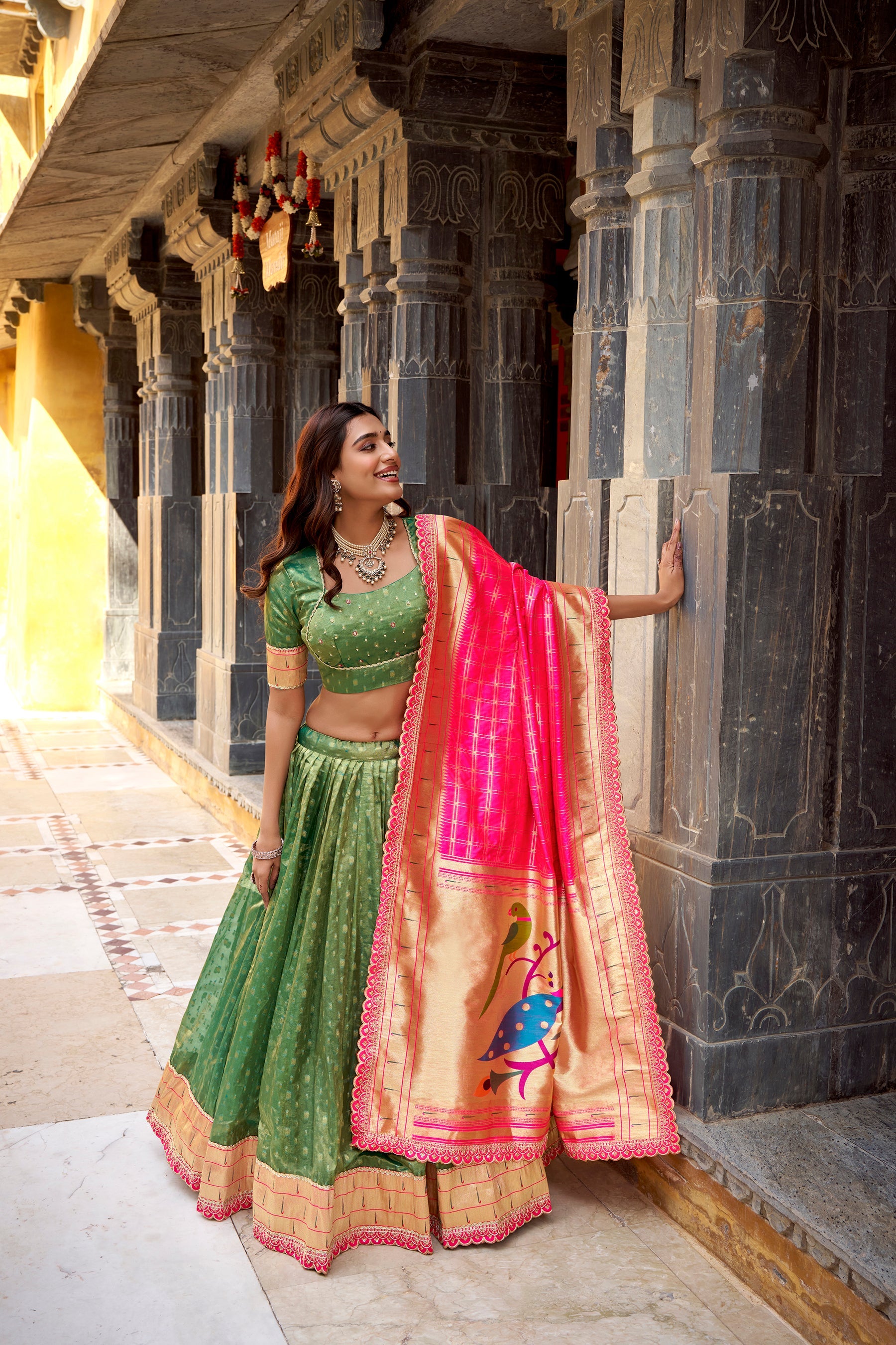 Lorenvalley Fashion Green Simmer Organza Zari Weaving Work With Lace Border Lehenga Choli with Dupatta