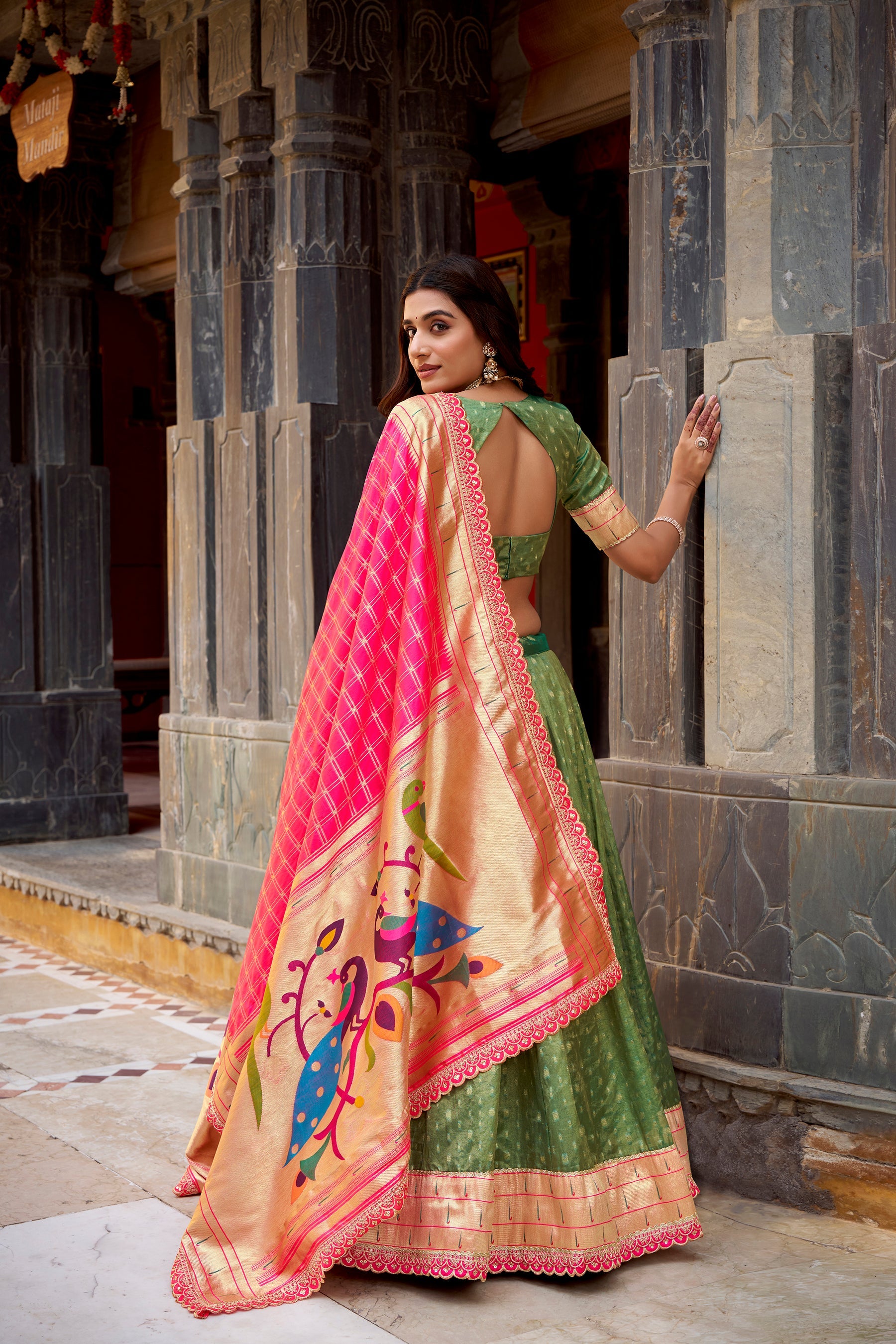Lorenvalley Fashion Green Simmer Organza Zari Weaving Work With Lace Border Lehenga Choli with Dupatta
