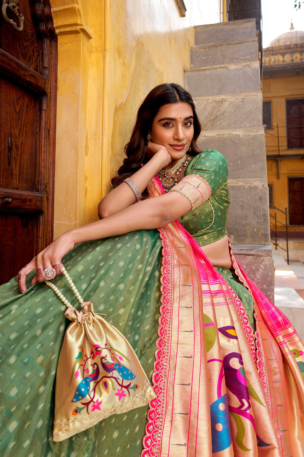 Lorenvalley Fashion Green Simmer Organza Zari Weaving Work With Lace Border Lehenga Choli with Dupatta