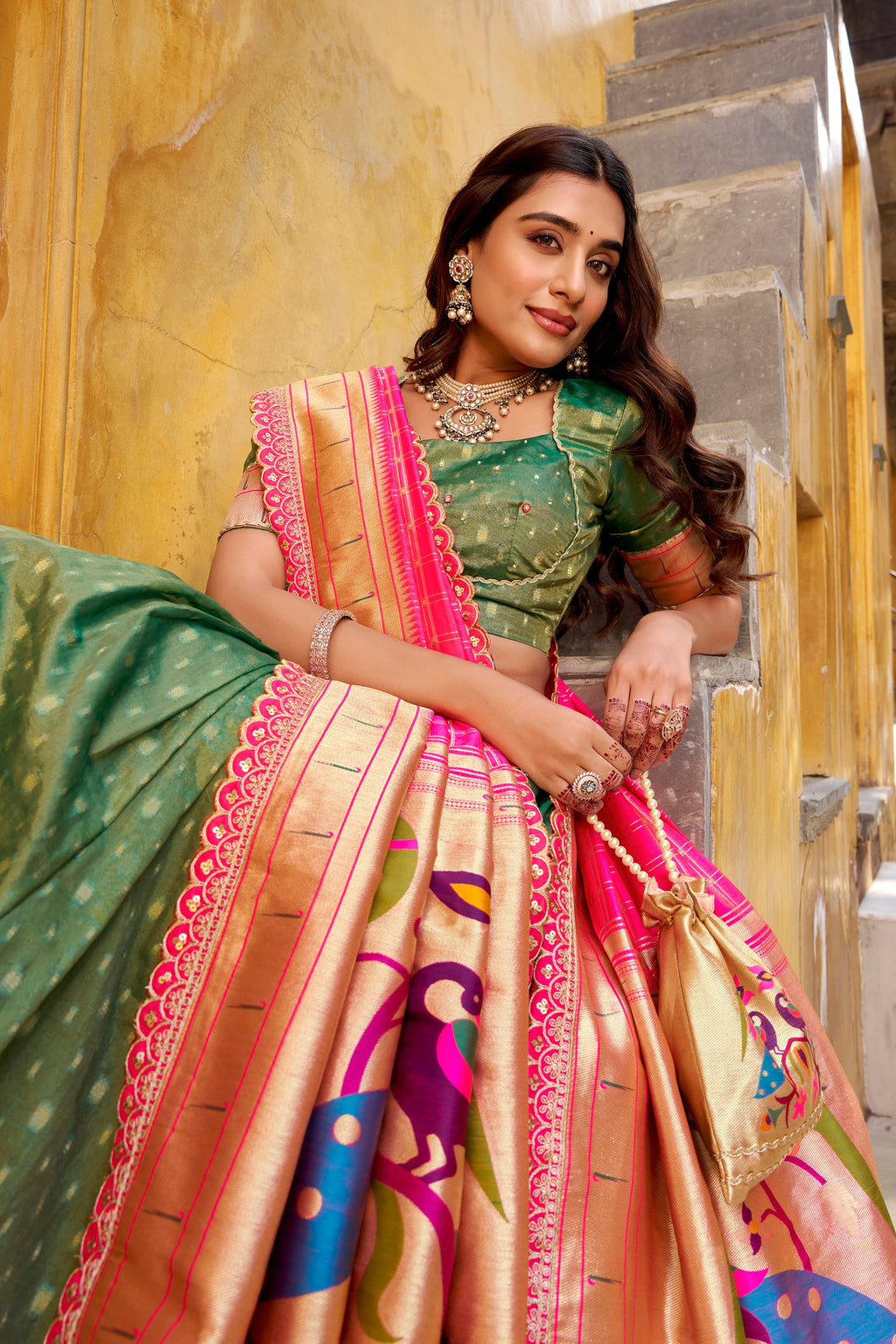 Lorenvalley Fashion Green Simmer Organza Zari Weaving Work With Lace Border Lehenga Choli with Dupatta