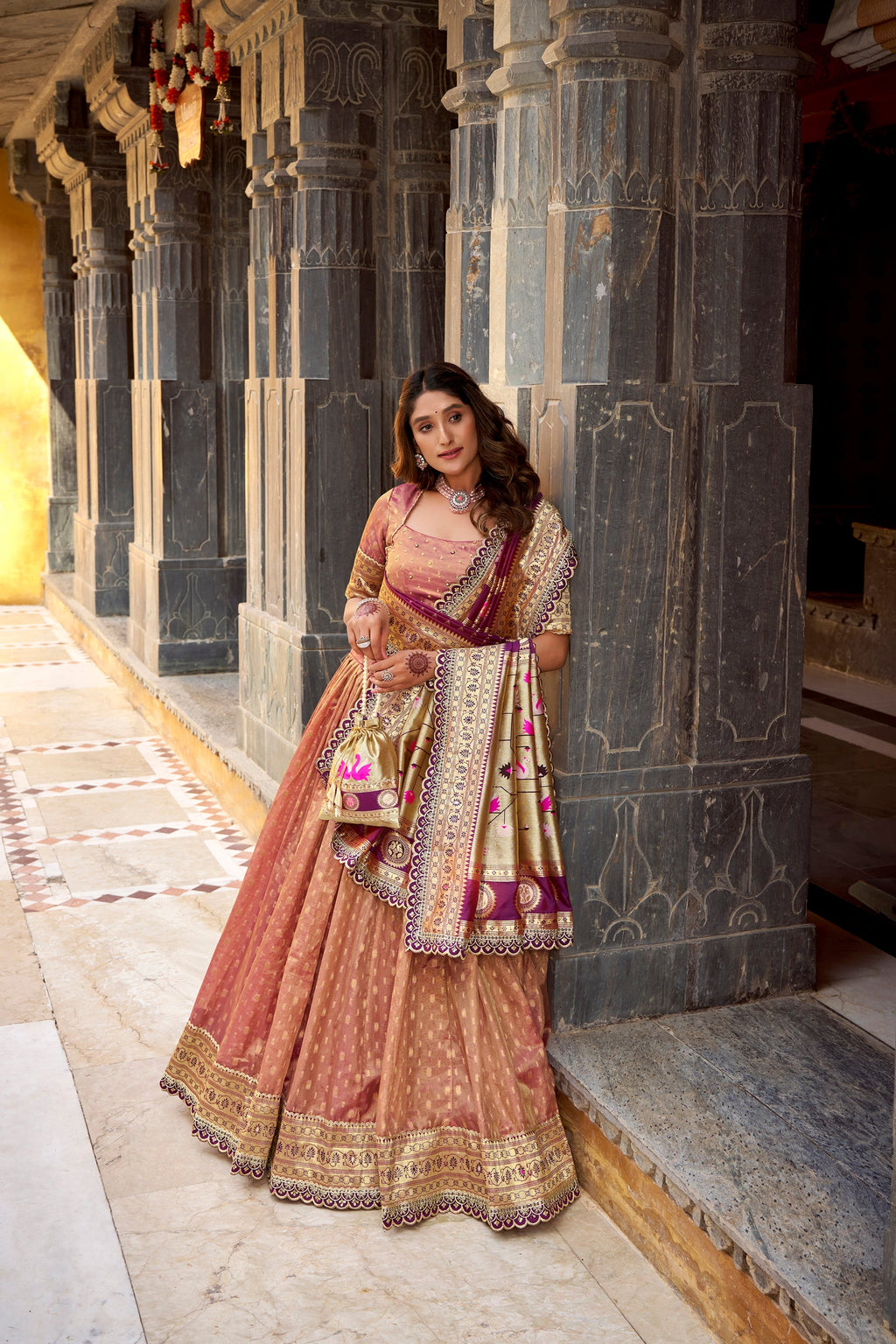 Lorenvalley Fashion Peach Simmer Organza Zari Weaving Work With Lace Border Lehenga Choli with Dupatta
