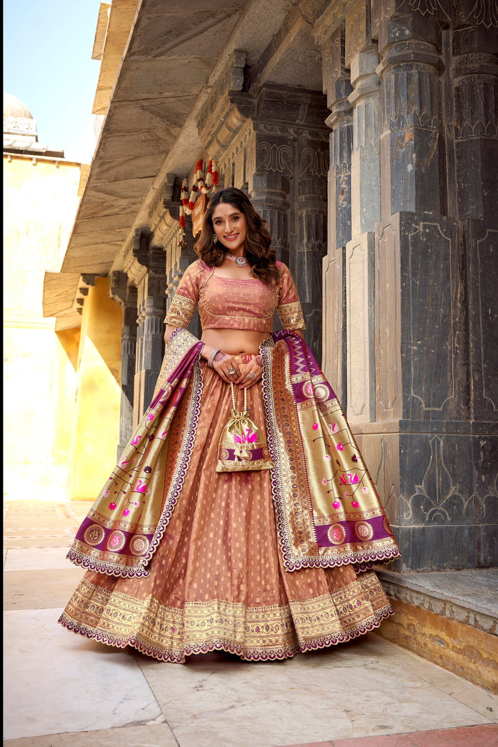 Lorenvalley Fashion Peach Simmer Organza Zari Weaving Work With Lace Border Lehenga Choli with Dupatta