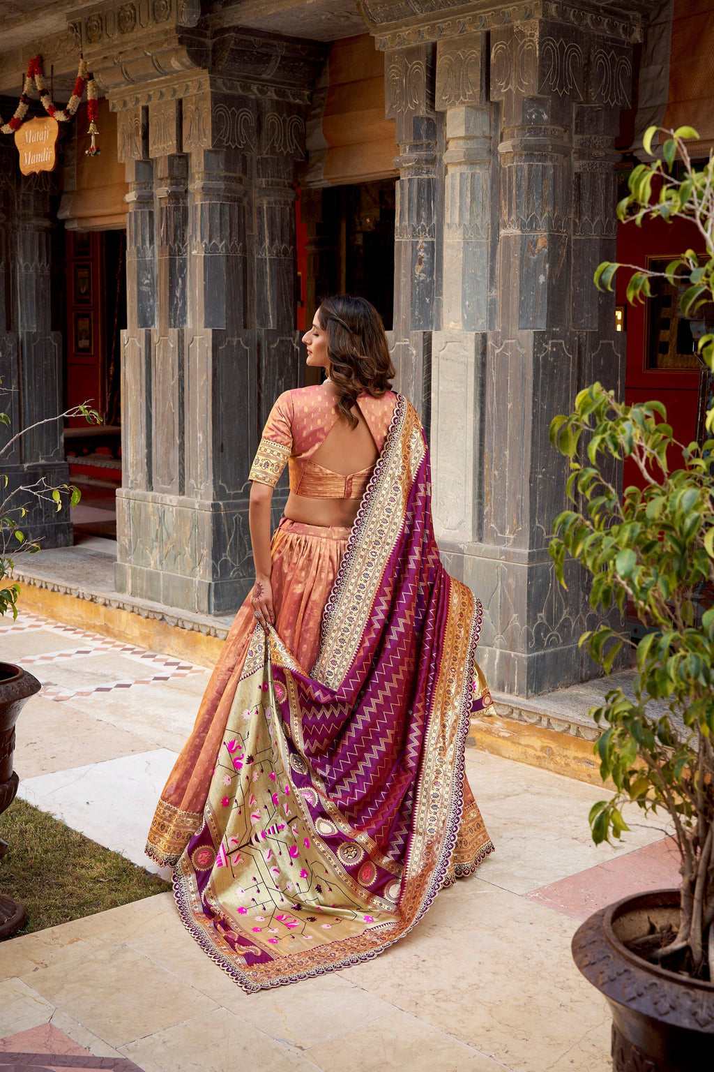 Lorenvalley Fashion Peach Simmer Organza Zari Weaving Work With Lace Border Lehenga Choli with Dupatta