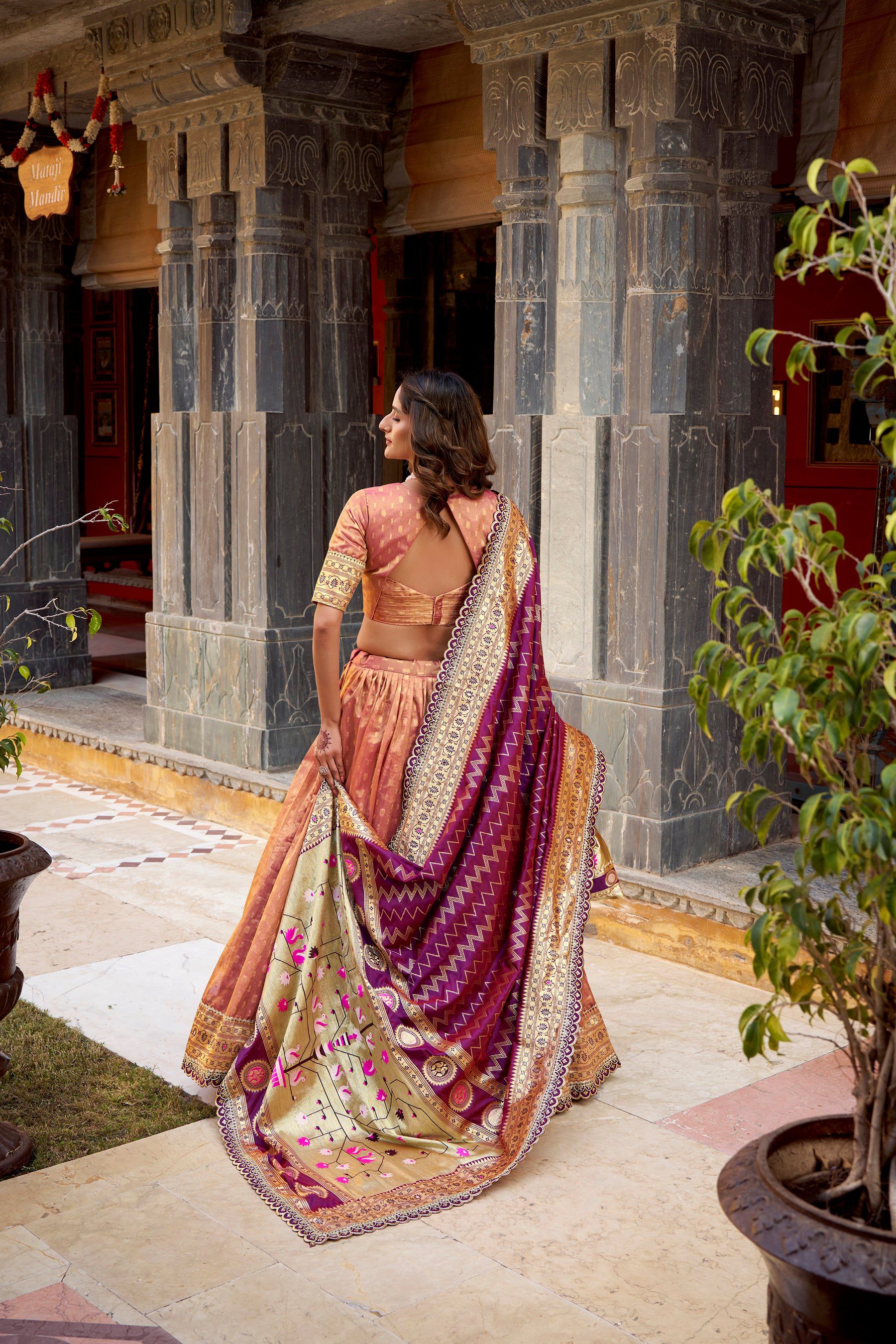 Lorenvalley Fashion Peach Simmer Organza Zari Weaving Work With Lace Border Lehenga Choli with Dupatta