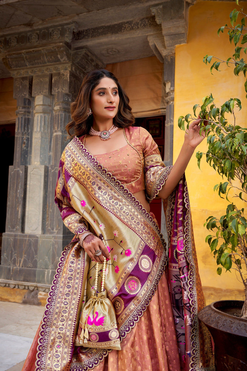 Lorenvalley Fashion Peach Simmer Organza Zari Weaving Work With Lace Border Lehenga Choli with Dupatta