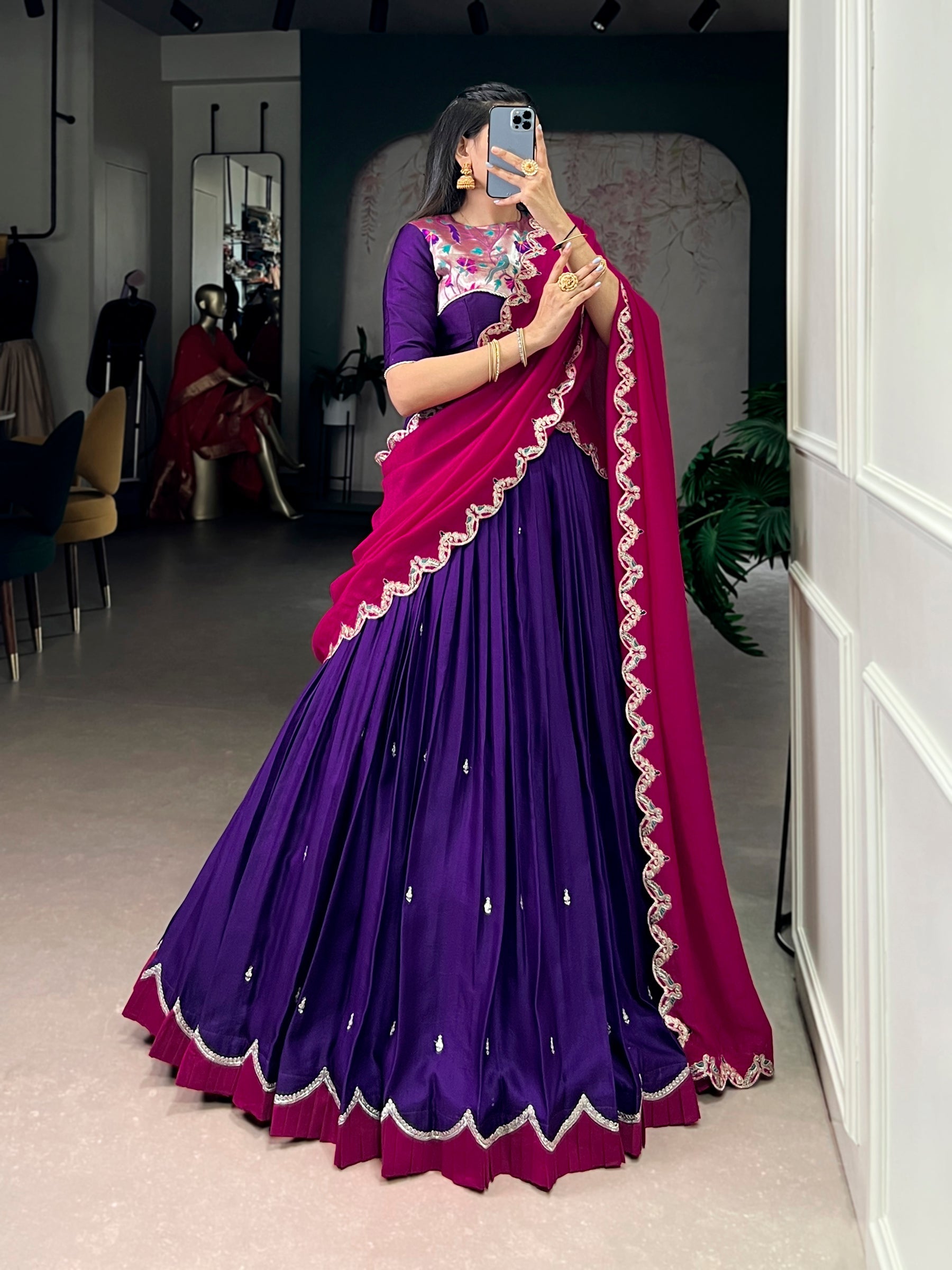 Lorenvalley Fashion Purple Naysha Silk Sequins and Thread Embroidery Work with Lace Border Lehenga Choli with Dupatta