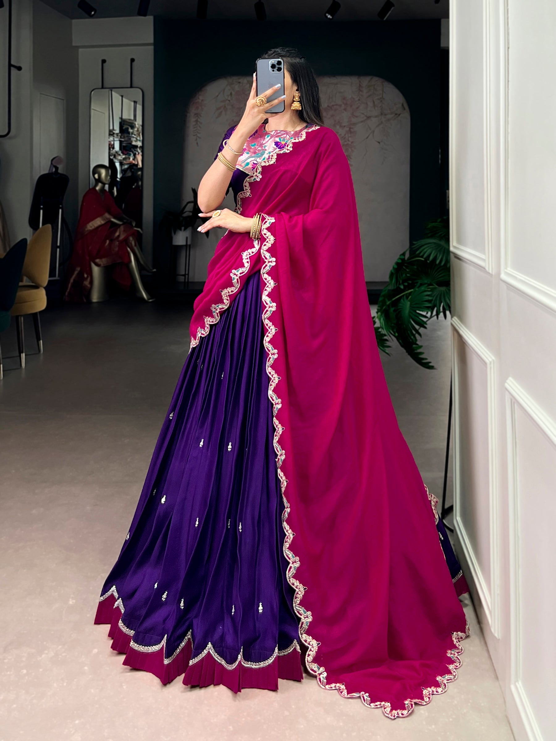 Lorenvalley Fashion Purple Naysha Silk Sequins and Thread Embroidery Work with Lace Border Lehenga Choli with Dupatta