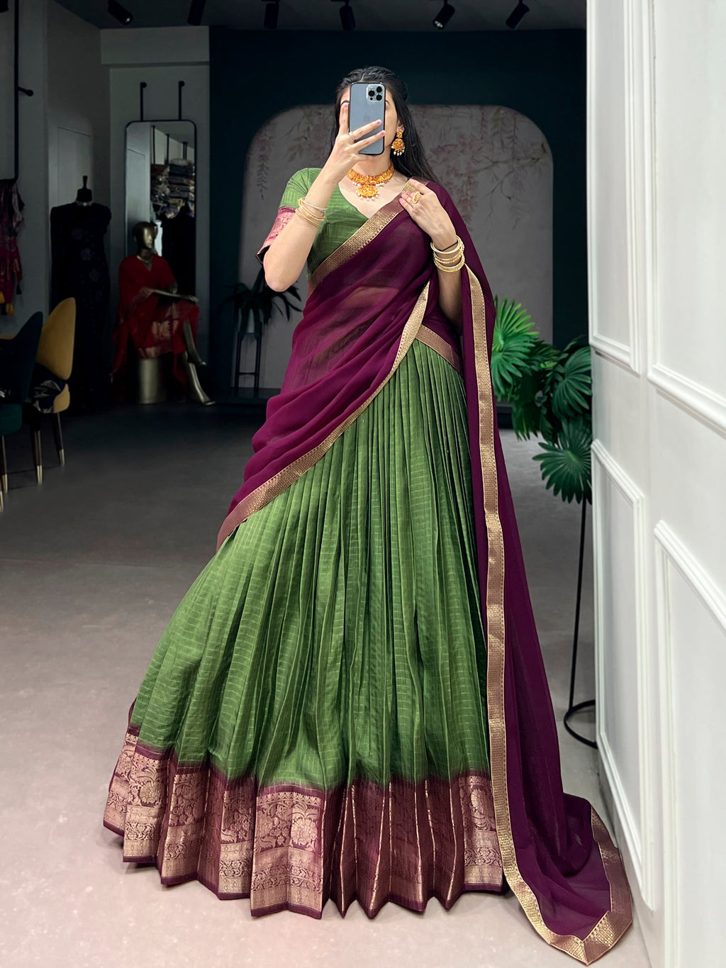 Lorenvalley Fashion Mehendi Dola Chex with Zari Weaving Work Lehenga Choli with Dupatta