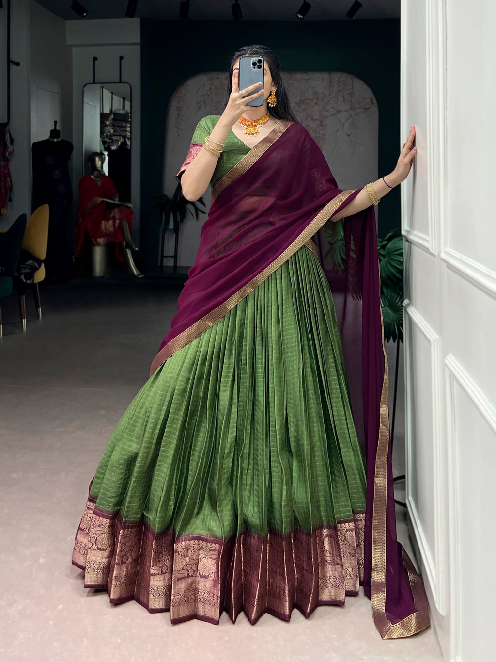 Lorenvalley Fashion Mehendi Dola Chex with Zari Weaving Work Lehenga Choli with Dupatta