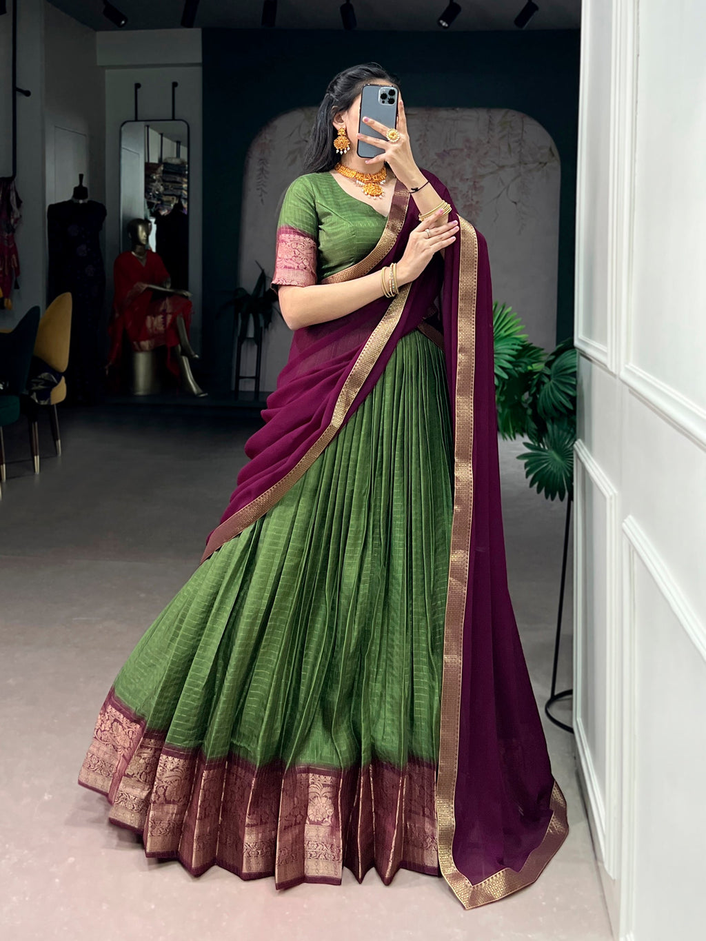 Lorenvalley Fashion Mehendi Dola Chex with Zari Weaving Work Lehenga Choli with Dupatta