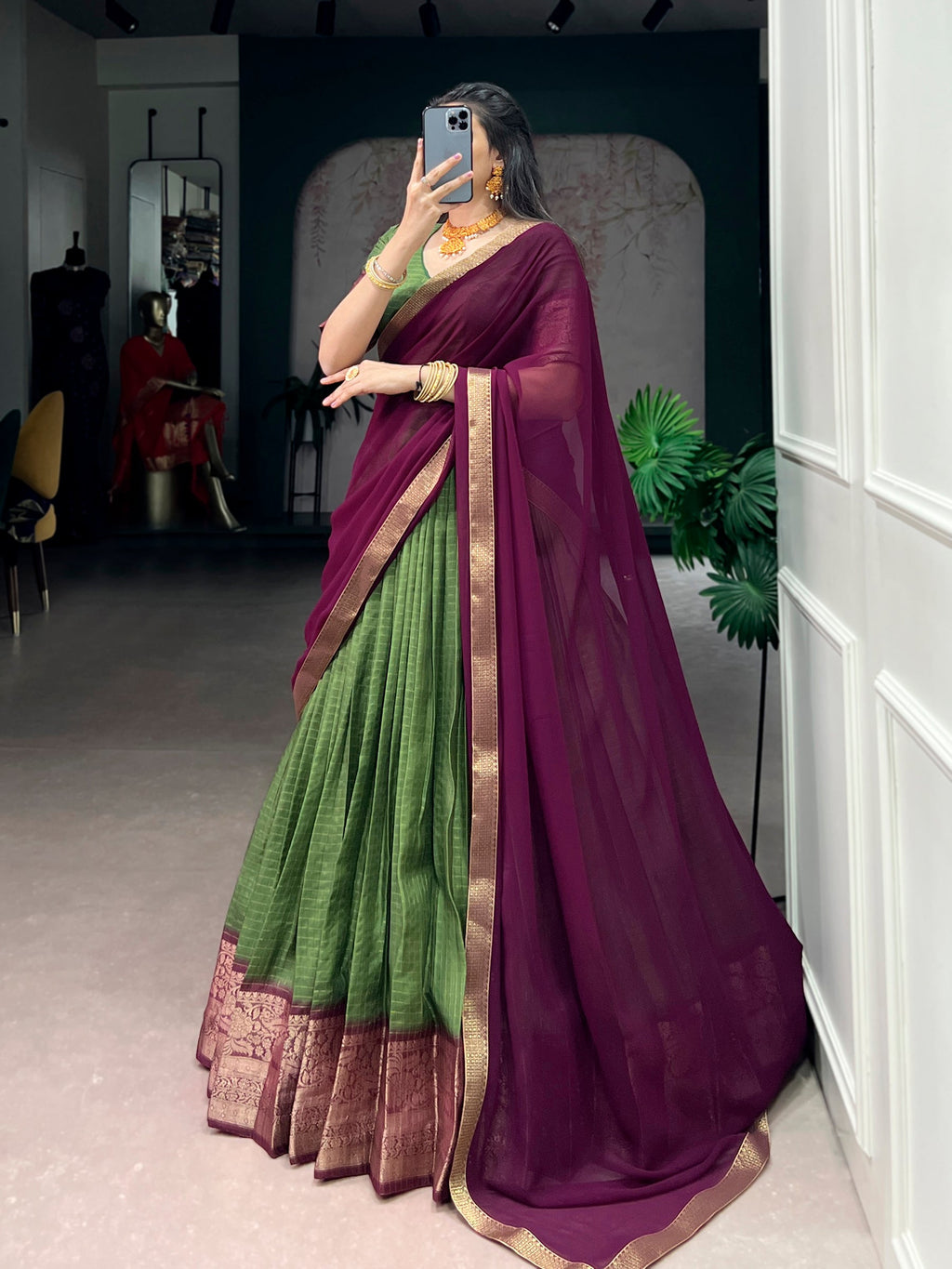 Lorenvalley Fashion Mehendi Dola Chex with Zari Weaving Work Lehenga Choli with Dupatta