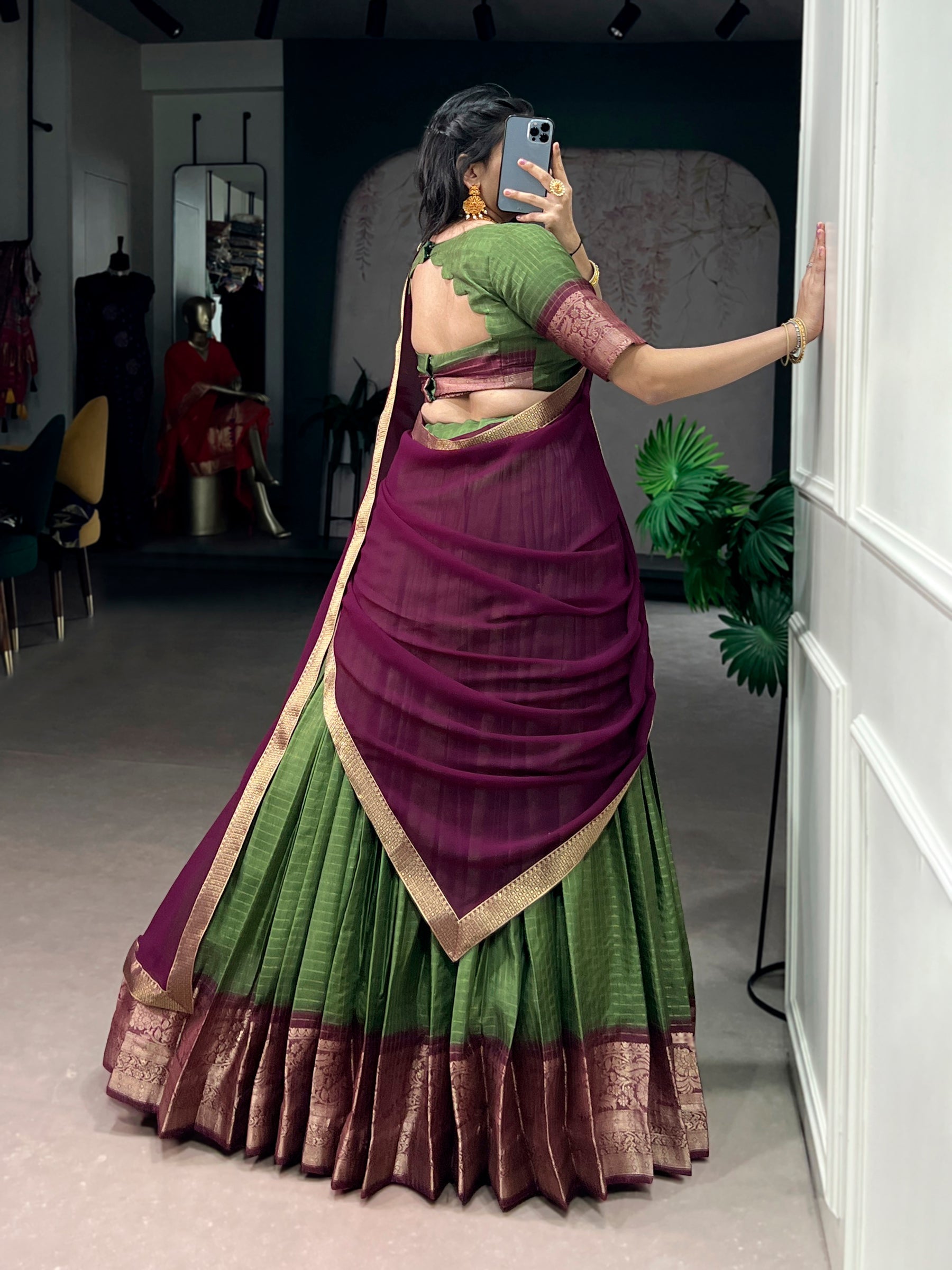 Lorenvalley Fashion Mehendi Dola Chex with Zari Weaving Work Lehenga Choli with Dupatta