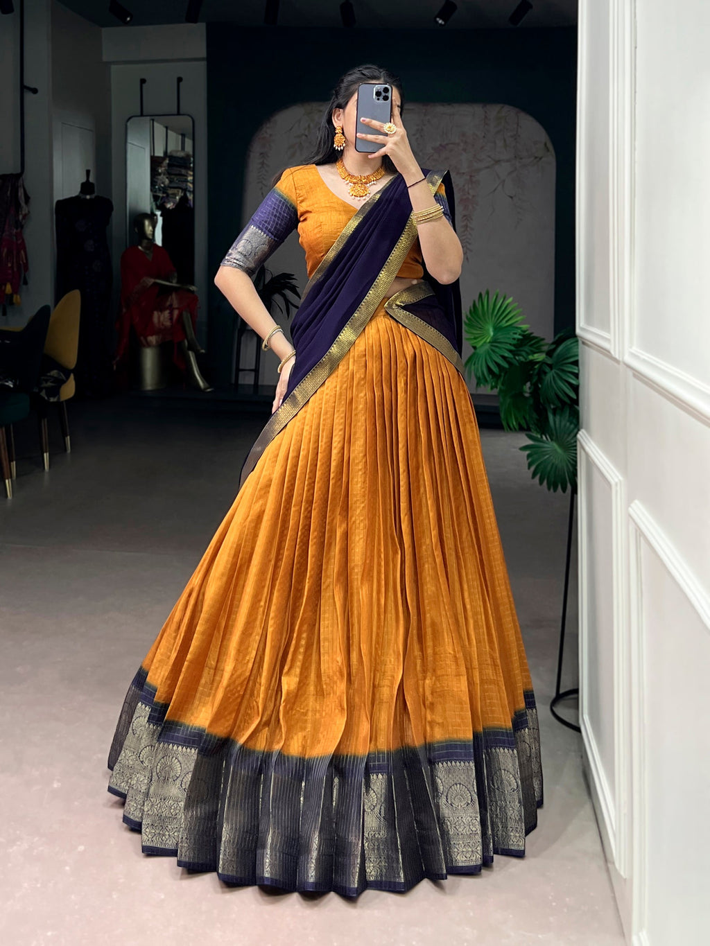 Lorenvalley Fashion Mustard Dola Chex with Zari Weaving Work Lehenga Choli with Dupatta