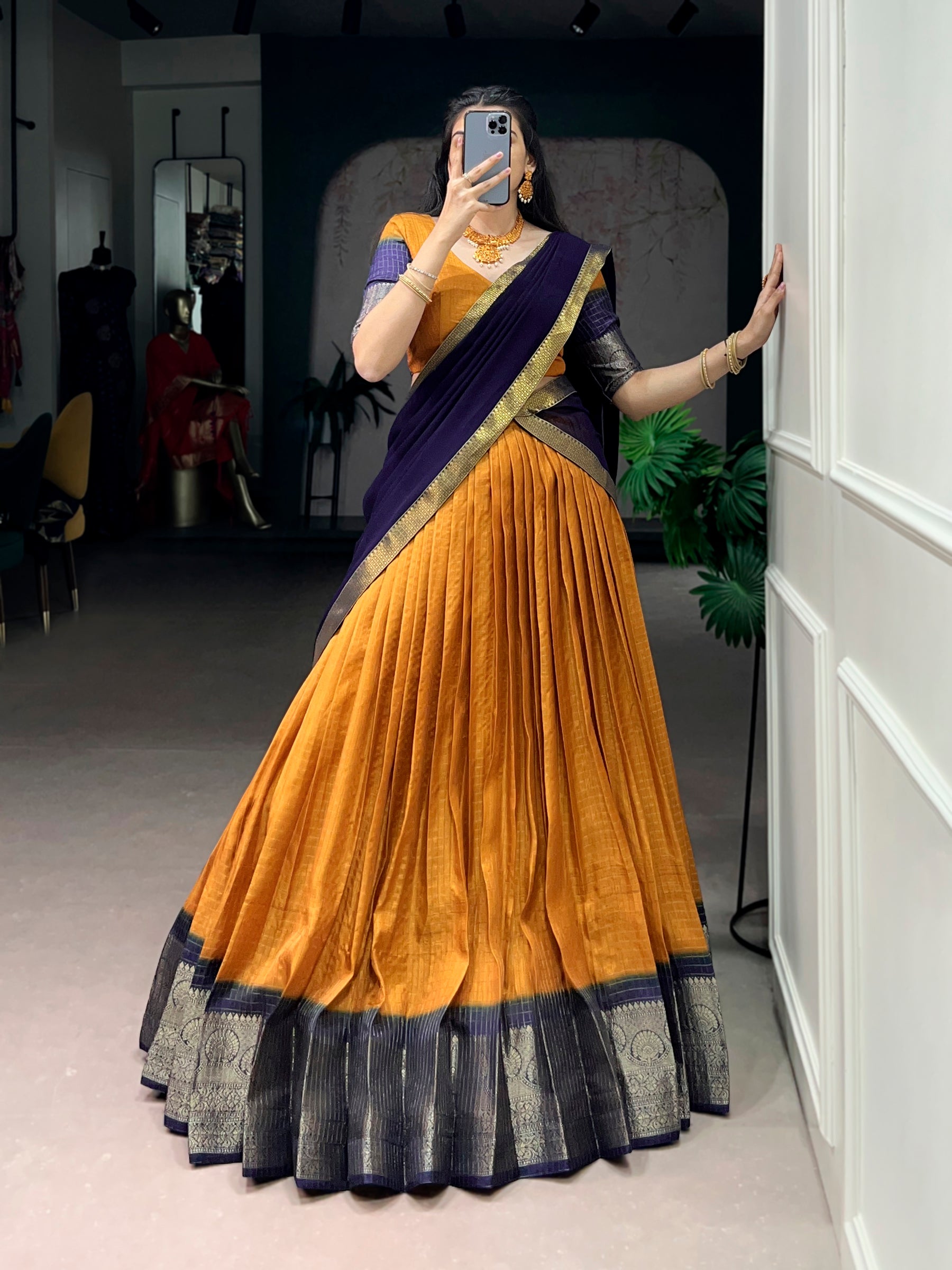 Lorenvalley Fashion Mustard Dola Chex with Zari Weaving Work Lehenga Choli with Dupatta