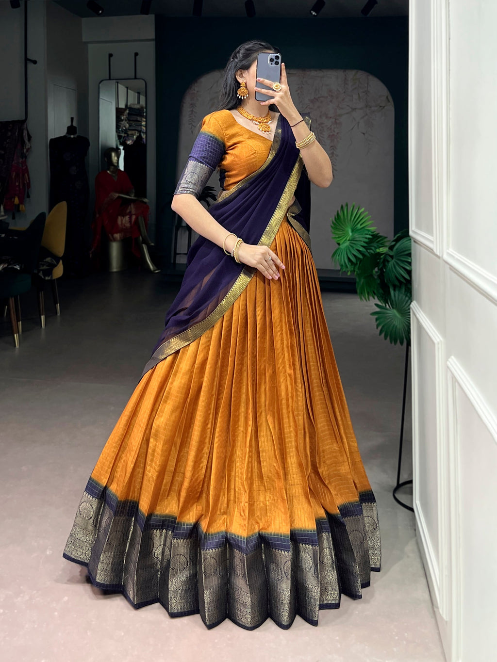 Lorenvalley Fashion Mustard Dola Chex with Zari Weaving Work Lehenga Choli with Dupatta