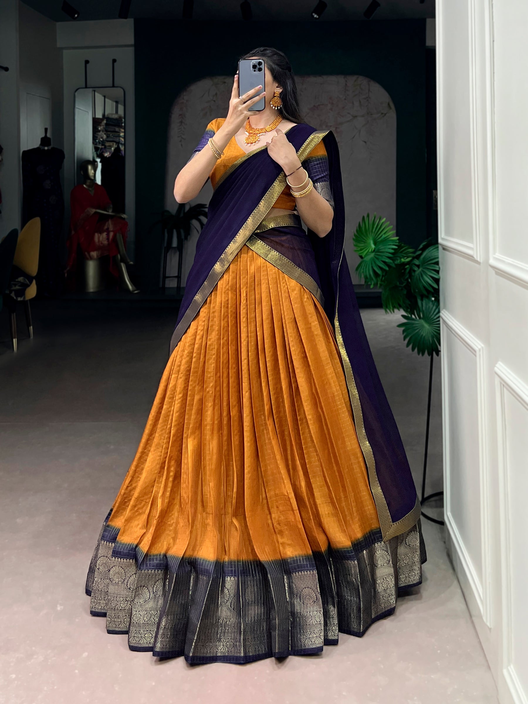 Lorenvalley Fashion Mustard Dola Chex with Zari Weaving Work Lehenga Choli with Dupatta