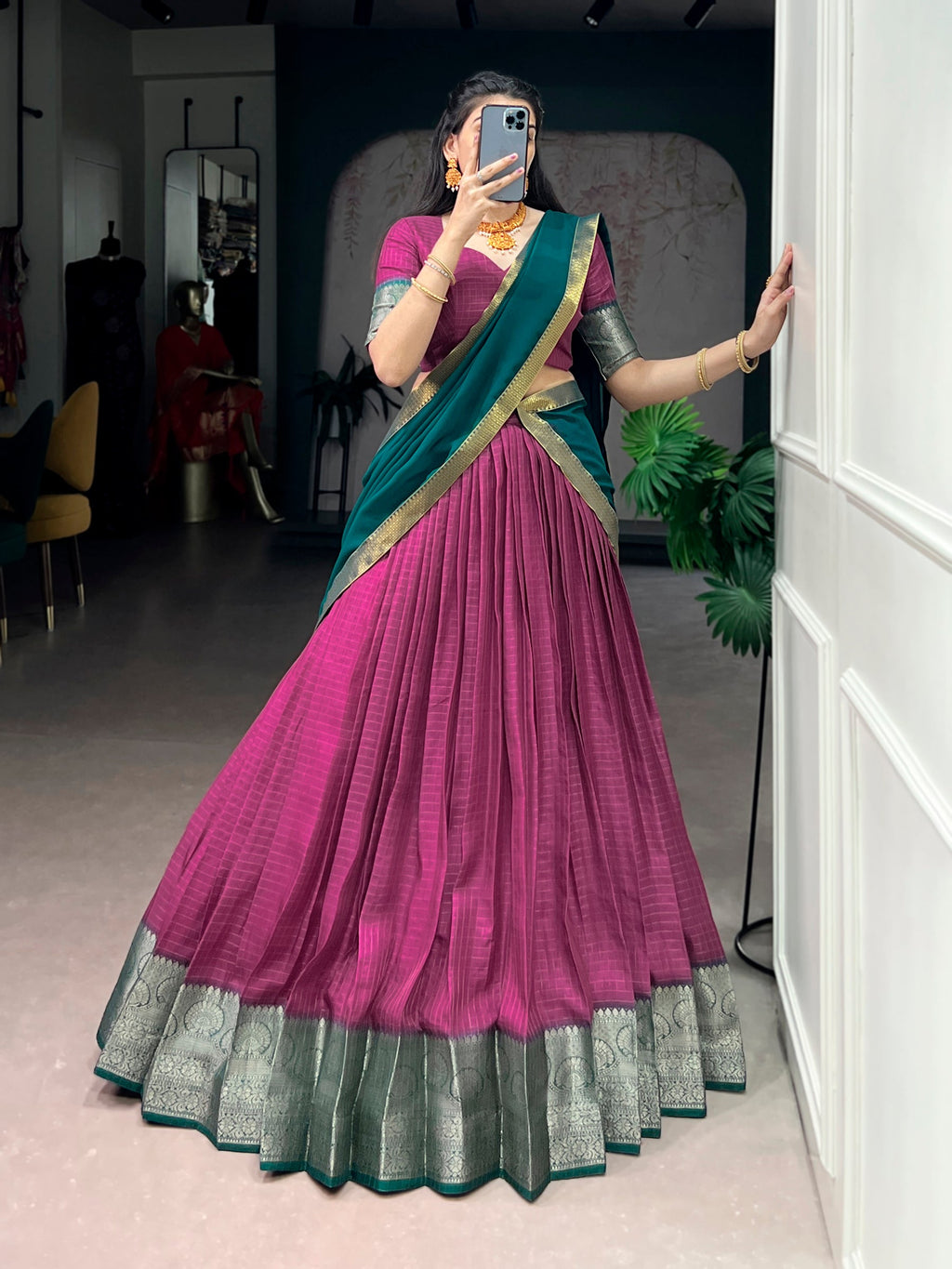 Lorenvalley Fashion Pink Dola Chex with Zari Weaving Work Lehenga Choli with Dupatta