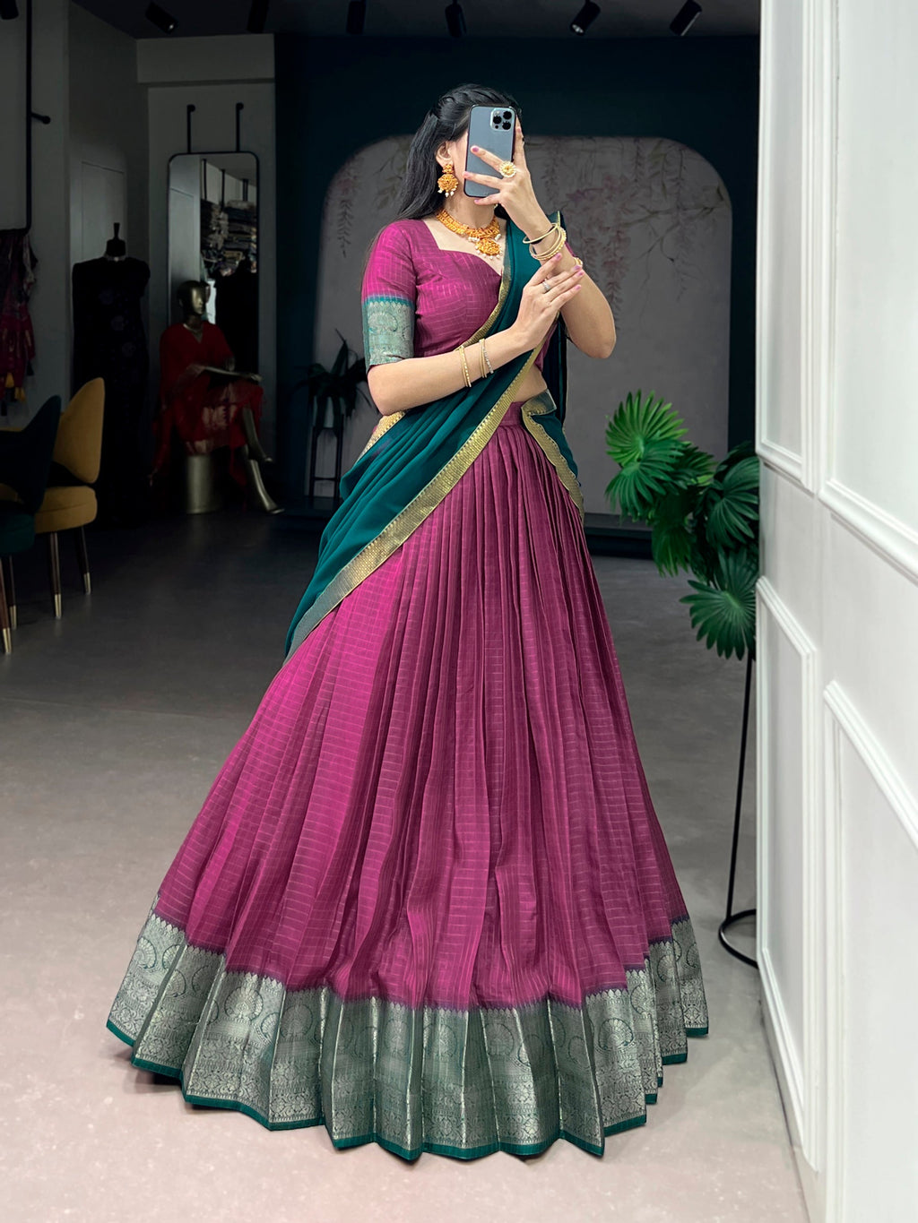 Lorenvalley Fashion Pink Dola Chex with Zari Weaving Work Lehenga Choli with Dupatta