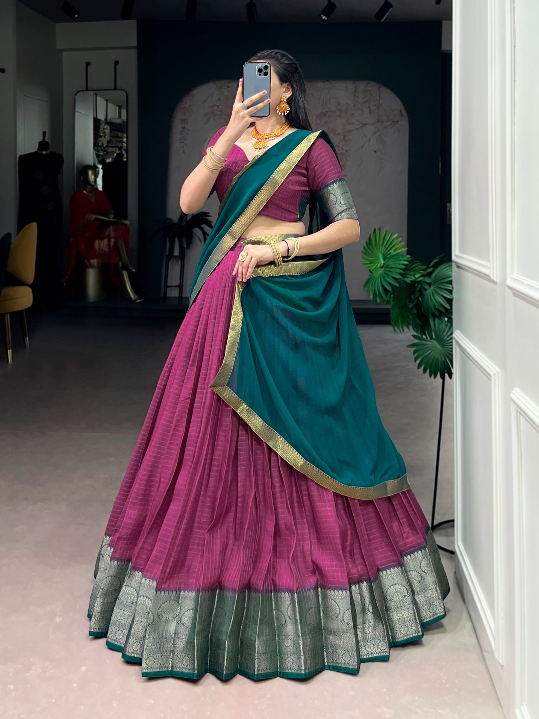 Lorenvalley Fashion Pink Dola Chex with Zari Weaving Work Lehenga Choli with Dupatta