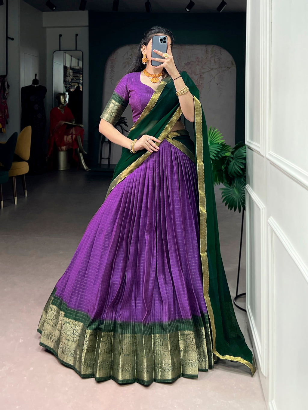 Lorenvalley Fashion Purple Dola Chex with Zari Weaving Work Lehenga Choli with Dupatta