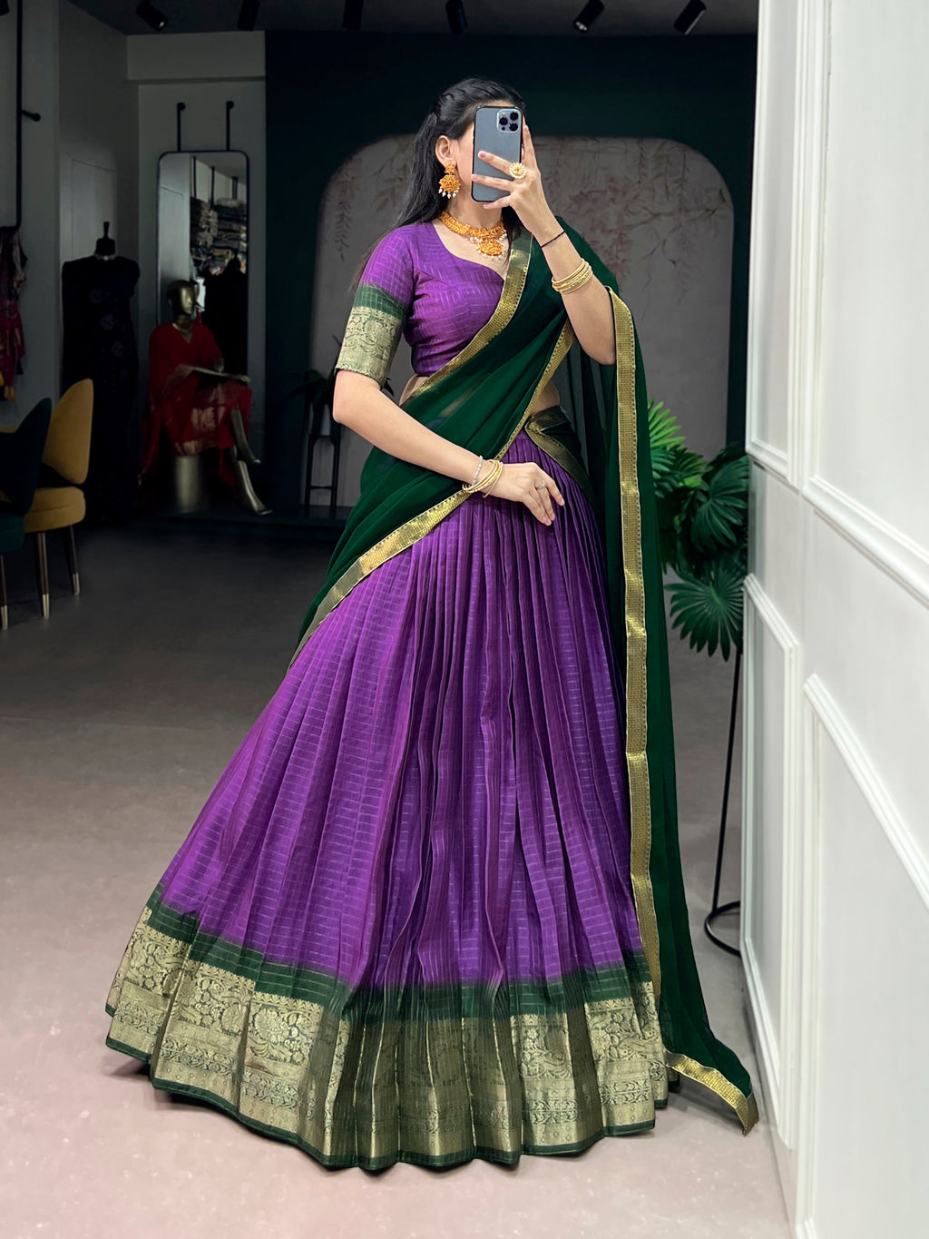 Lorenvalley Fashion Purple Dola Chex with Zari Weaving Work Lehenga Choli with Dupatta