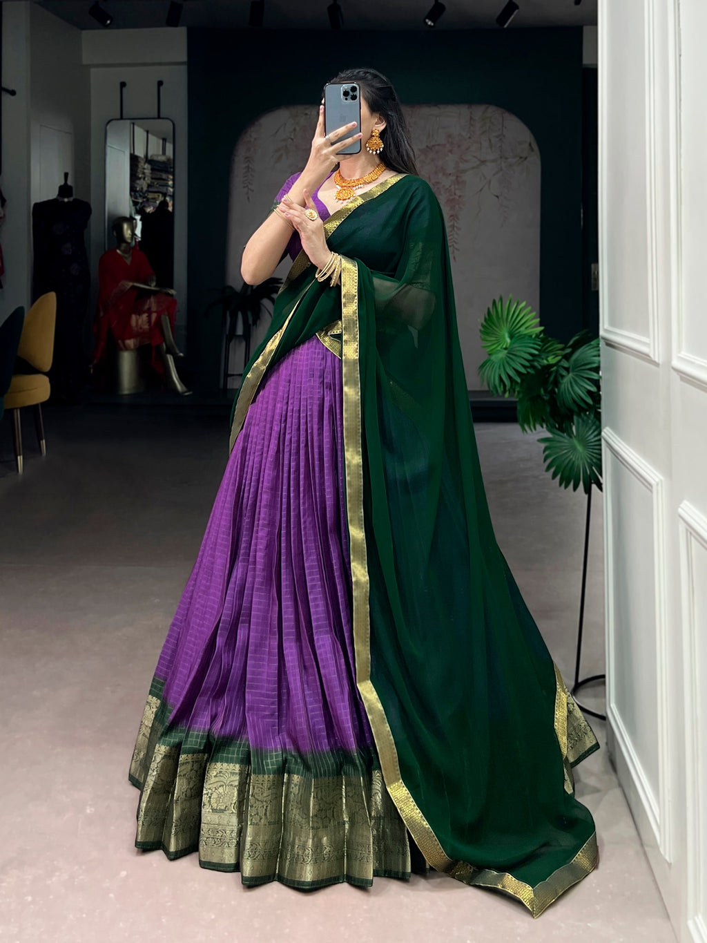 Lorenvalley Fashion Purple Dola Chex with Zari Weaving Work Lehenga Choli with Dupatta