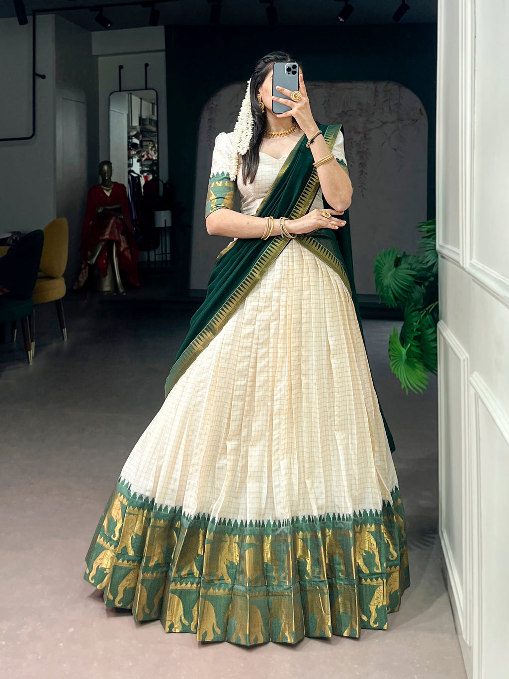 Lorenvalley Fashion White Poly Cotton Chex With Zari Weaving Work Lehenga Choli with Dupatta