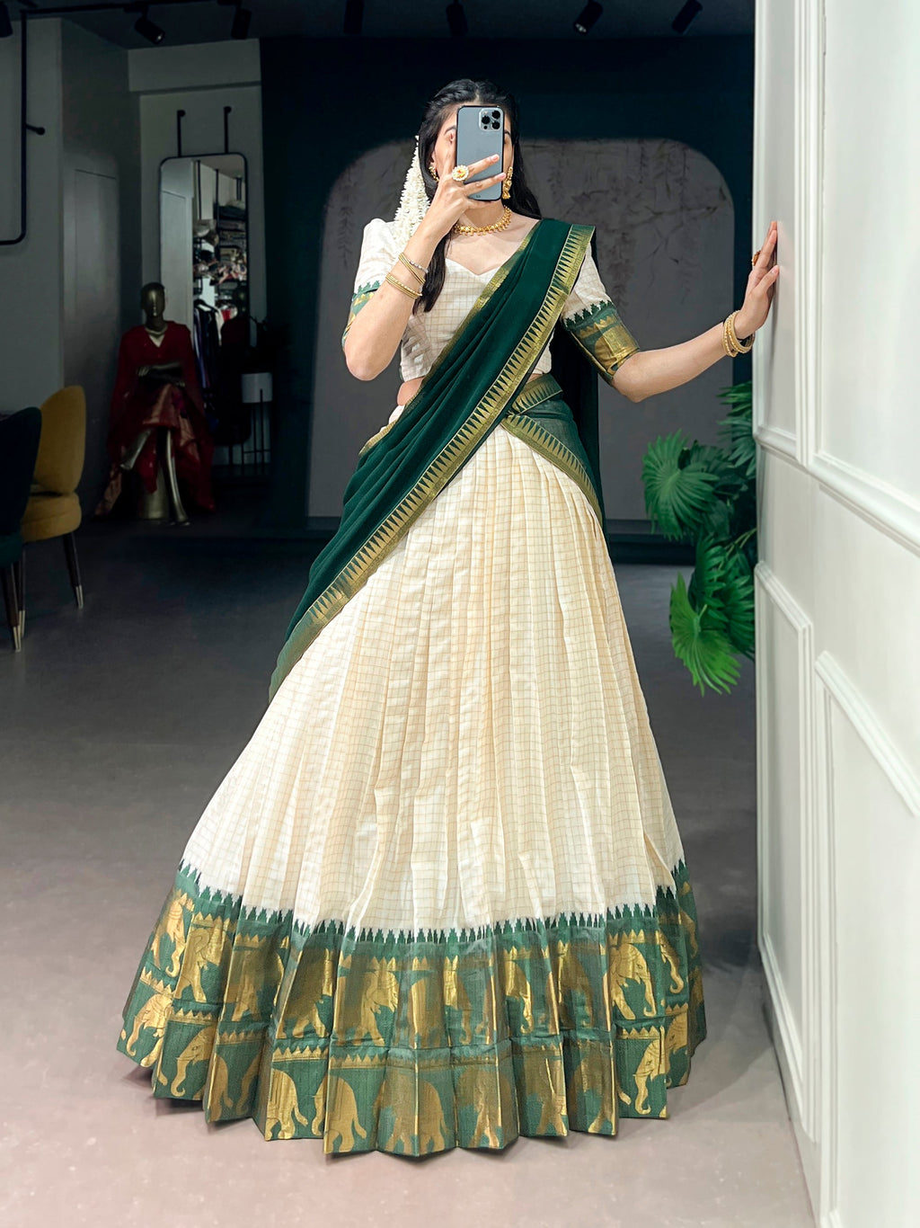 Lorenvalley Fashion White Poly Cotton Chex With Zari Weaving Work Lehenga Choli with Dupatta