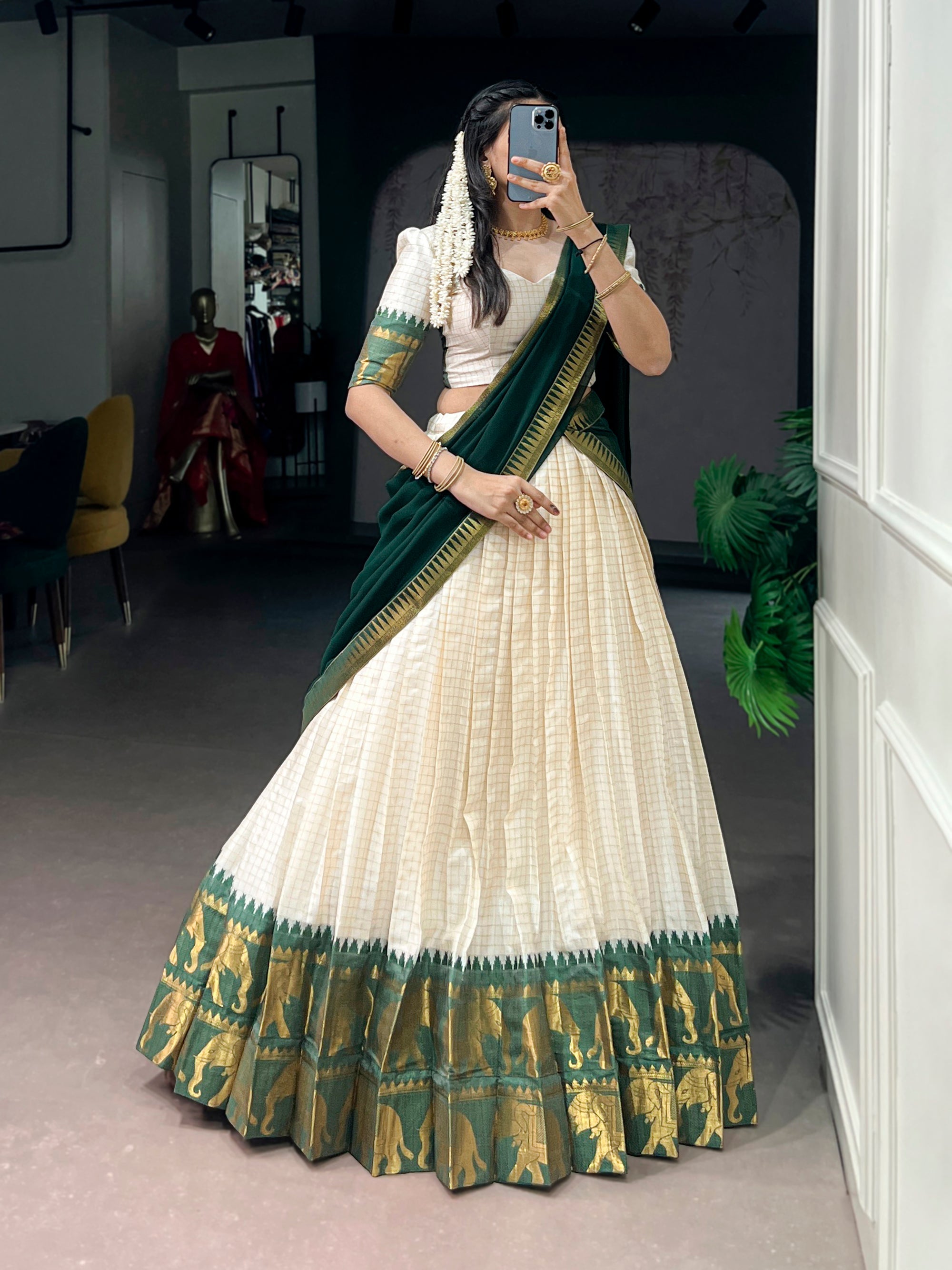 Lorenvalley Fashion White Poly Cotton Chex With Zari Weaving Work Lehenga Choli with Dupatta