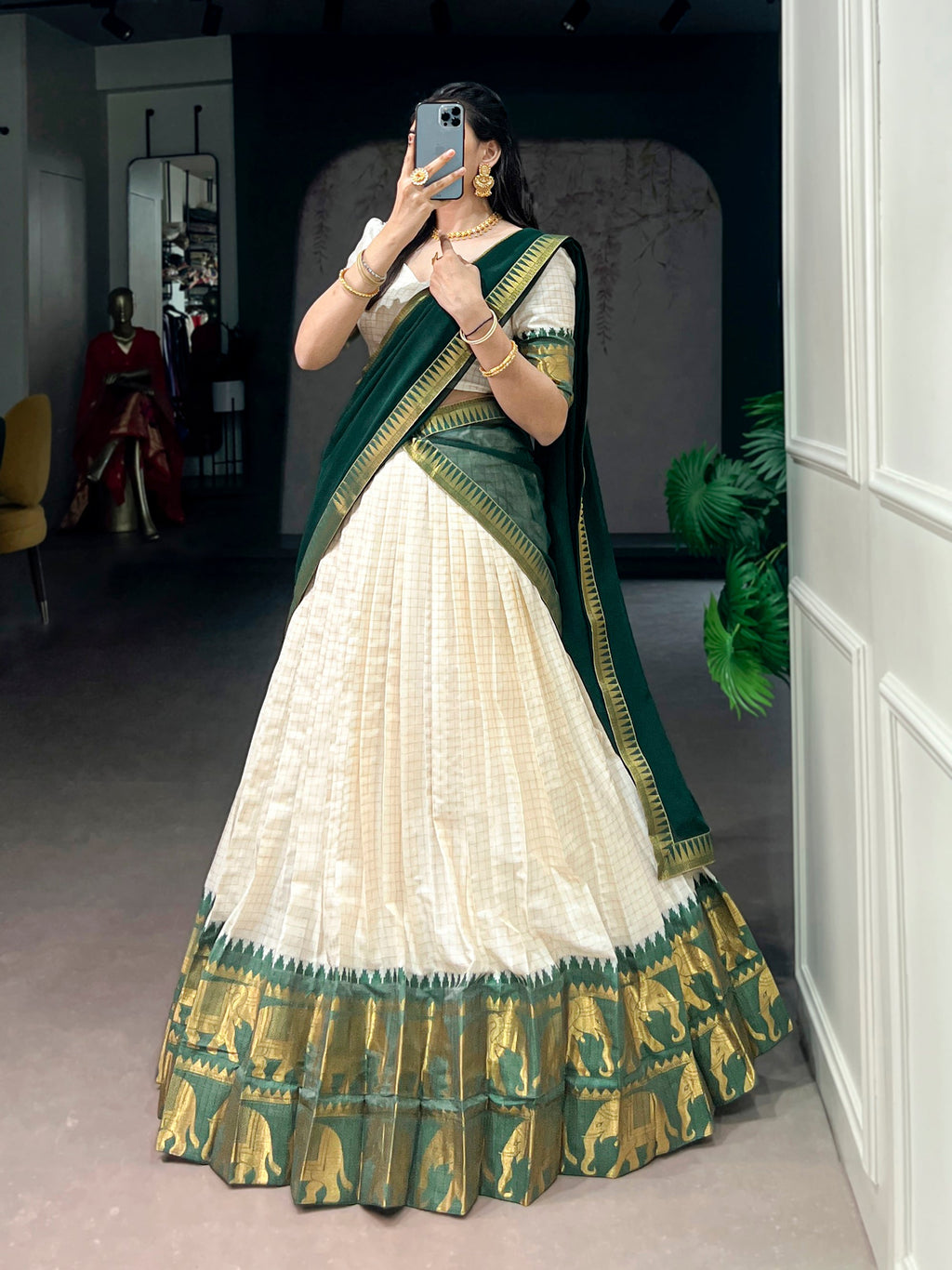 Lorenvalley Fashion White Poly Cotton Chex With Zari Weaving Work Lehenga Choli with Dupatta