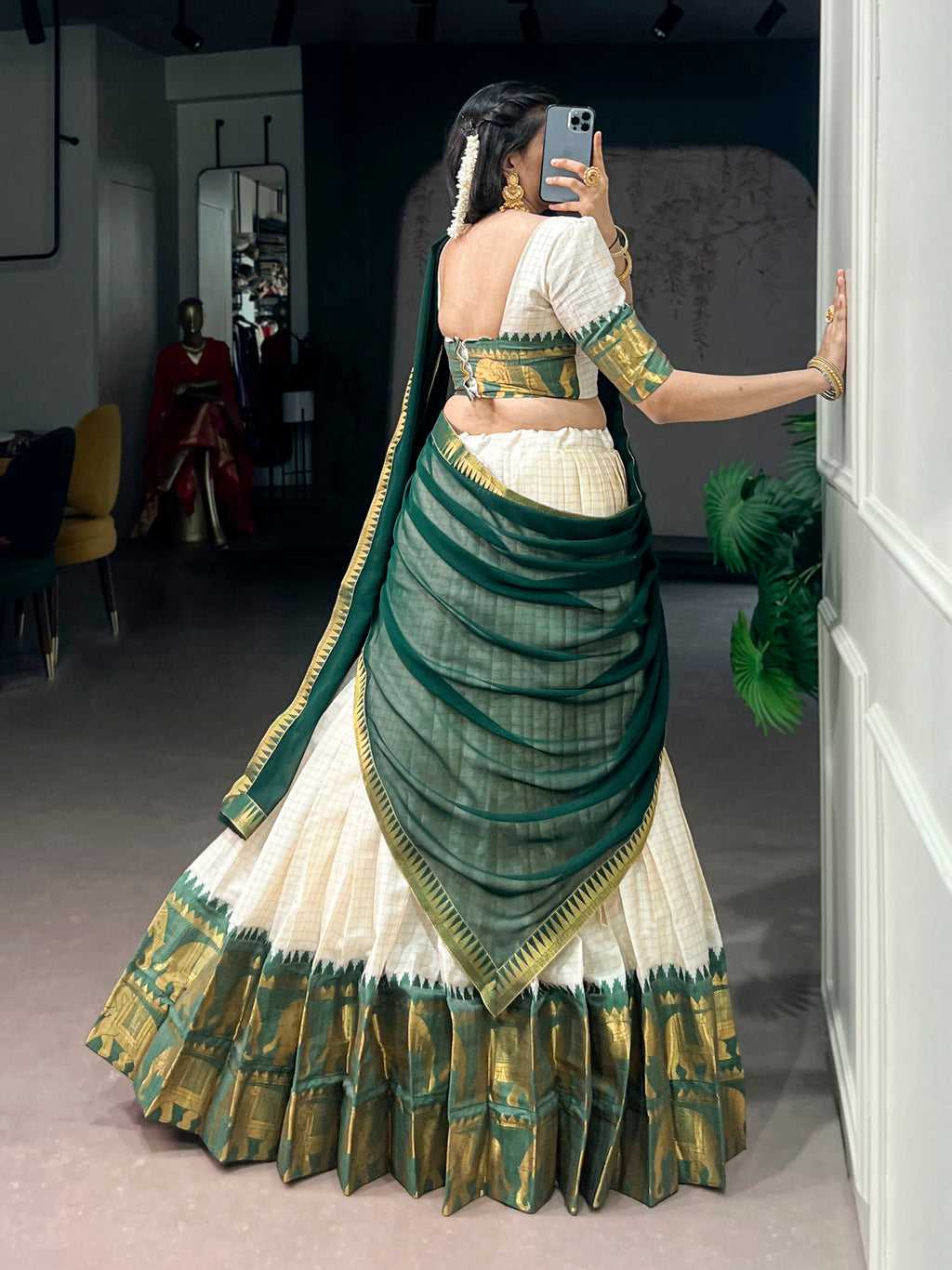 Lorenvalley Fashion White Poly Cotton Chex With Zari Weaving Work Lehenga Choli with Dupatta