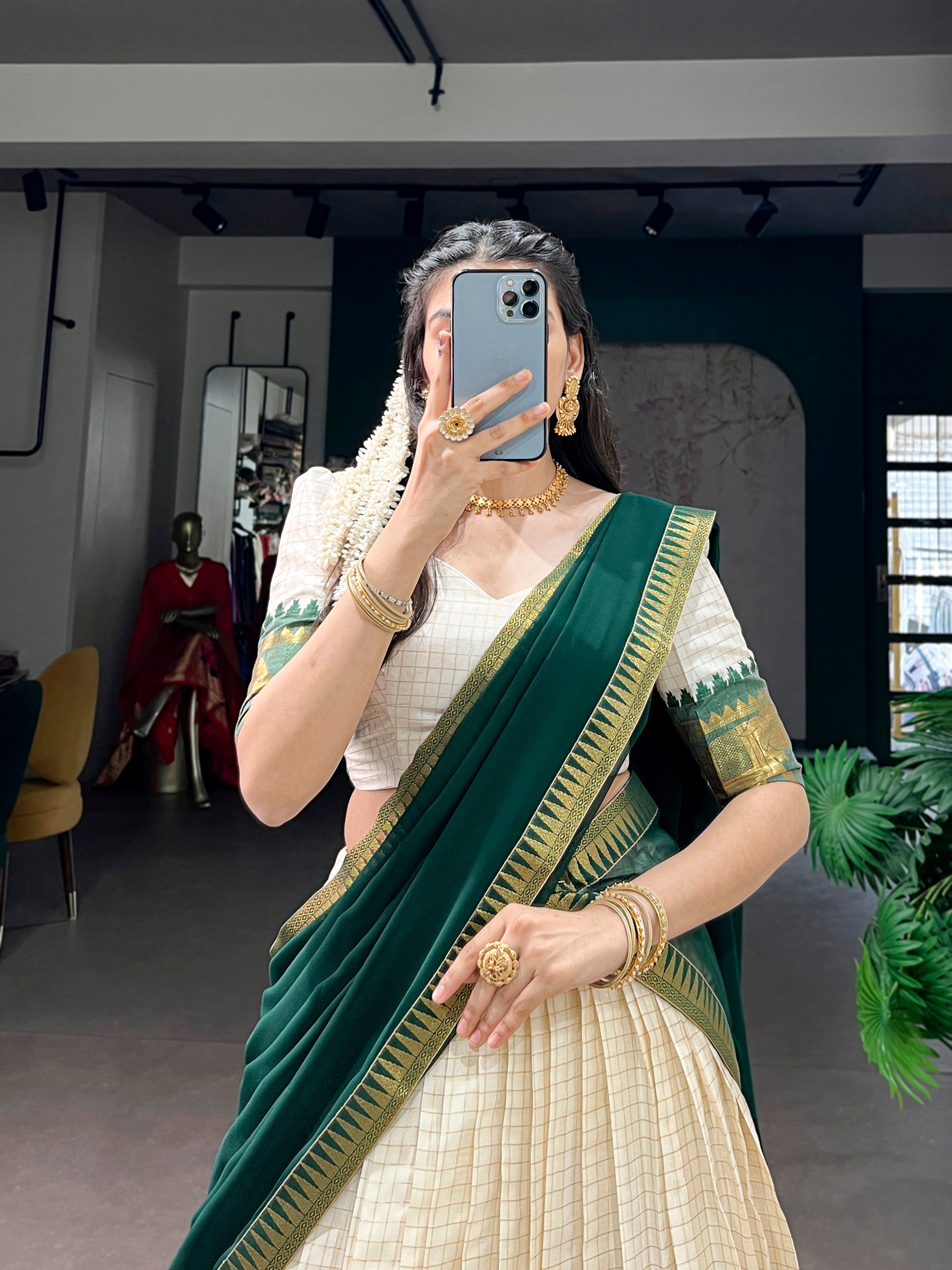 Lorenvalley Fashion White Poly Cotton Chex With Zari Weaving Work Lehenga Choli with Dupatta